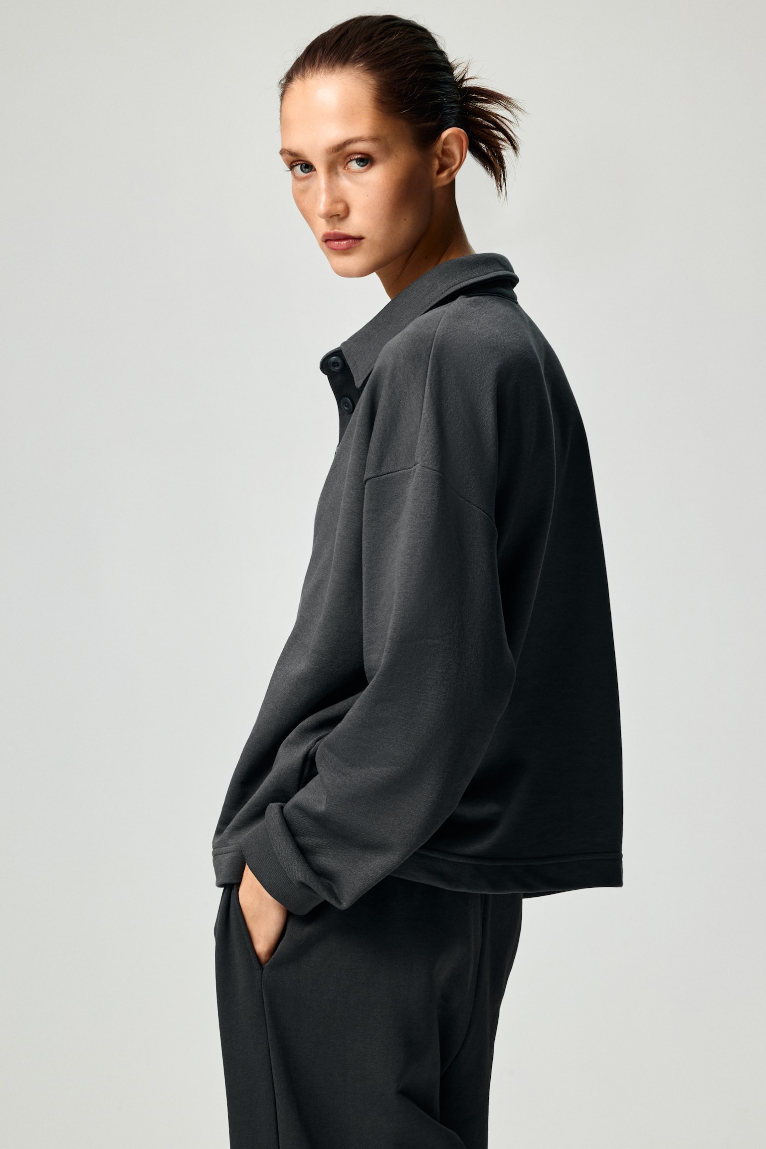 Collared sweatshirt - Dark grey/Dark dusty pink/Light grey marl/Dark brown - 6