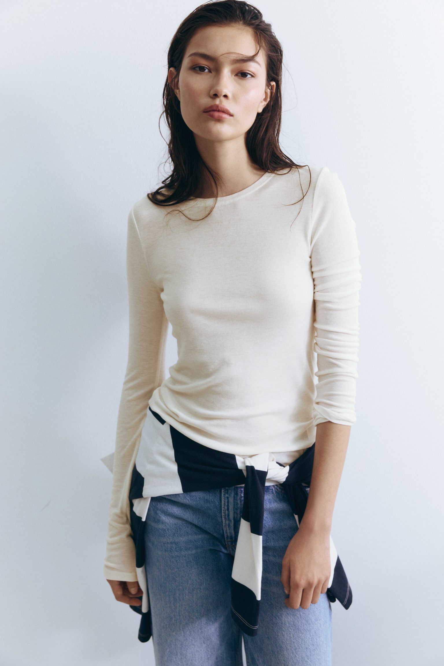 Wool-blend top - White/Black/Dark brown - 5