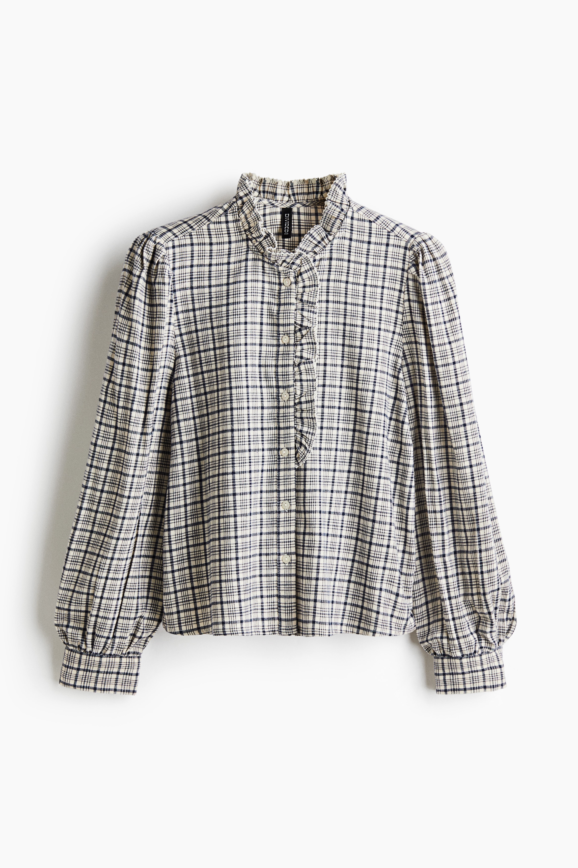 Frill Collar Cotton Blouse - Cream/Check/White/Light pink/Light blue/Check