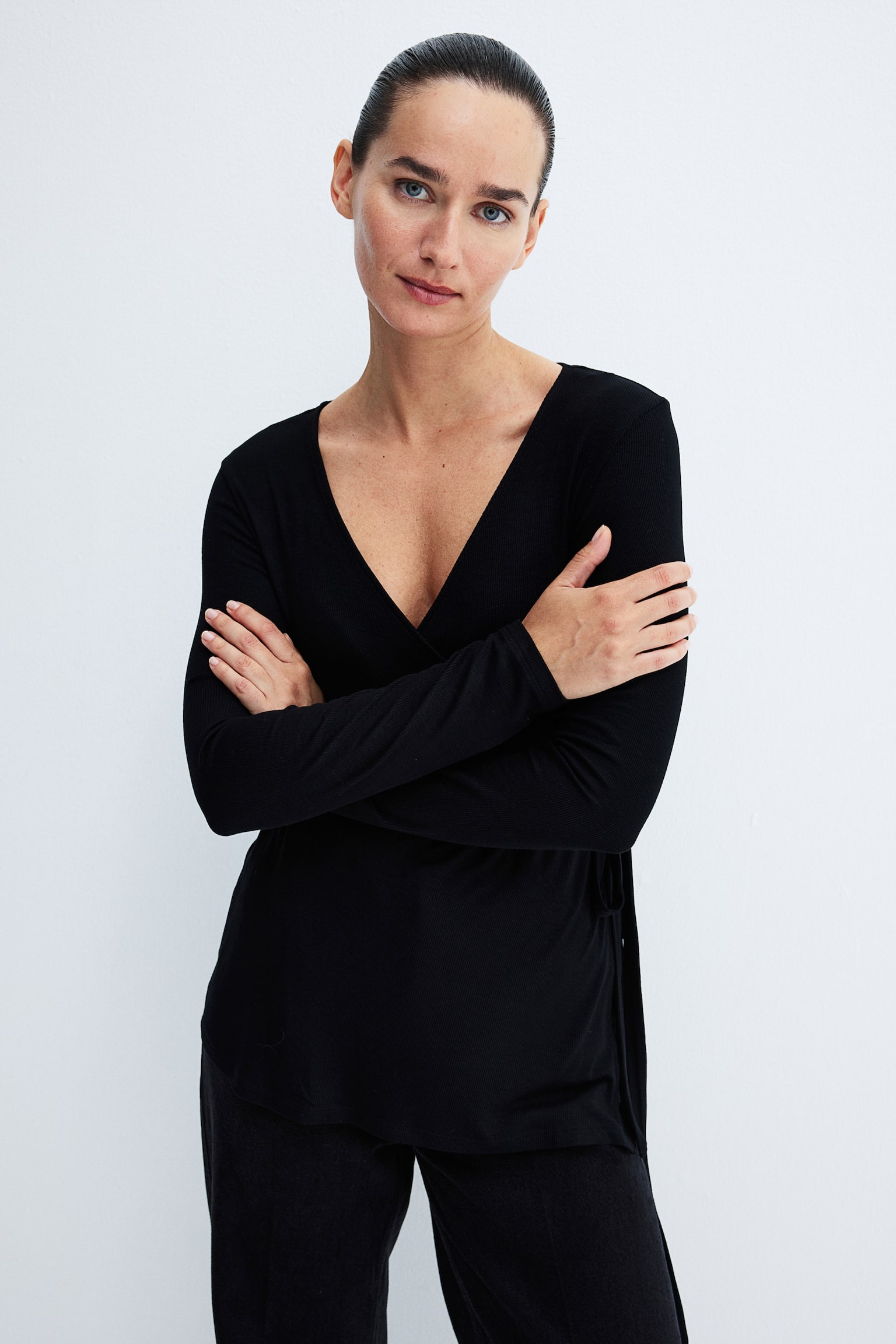 MAMA Ribbed wrap top - Black/Grey - 1