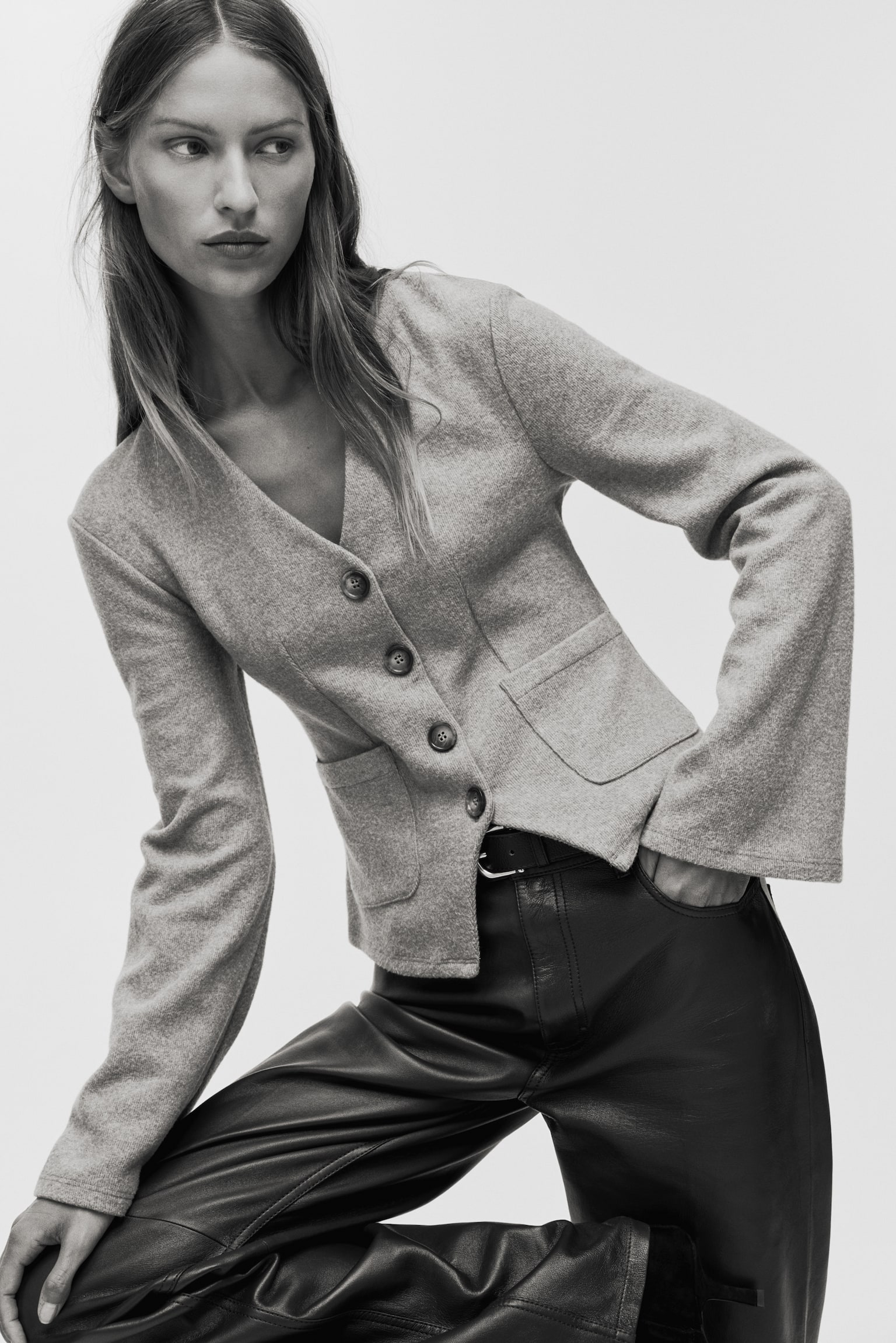 Sveter z rebrovaného úpletu - Sivobéžová melírovaná/Tmavosivá melírovaná - 2