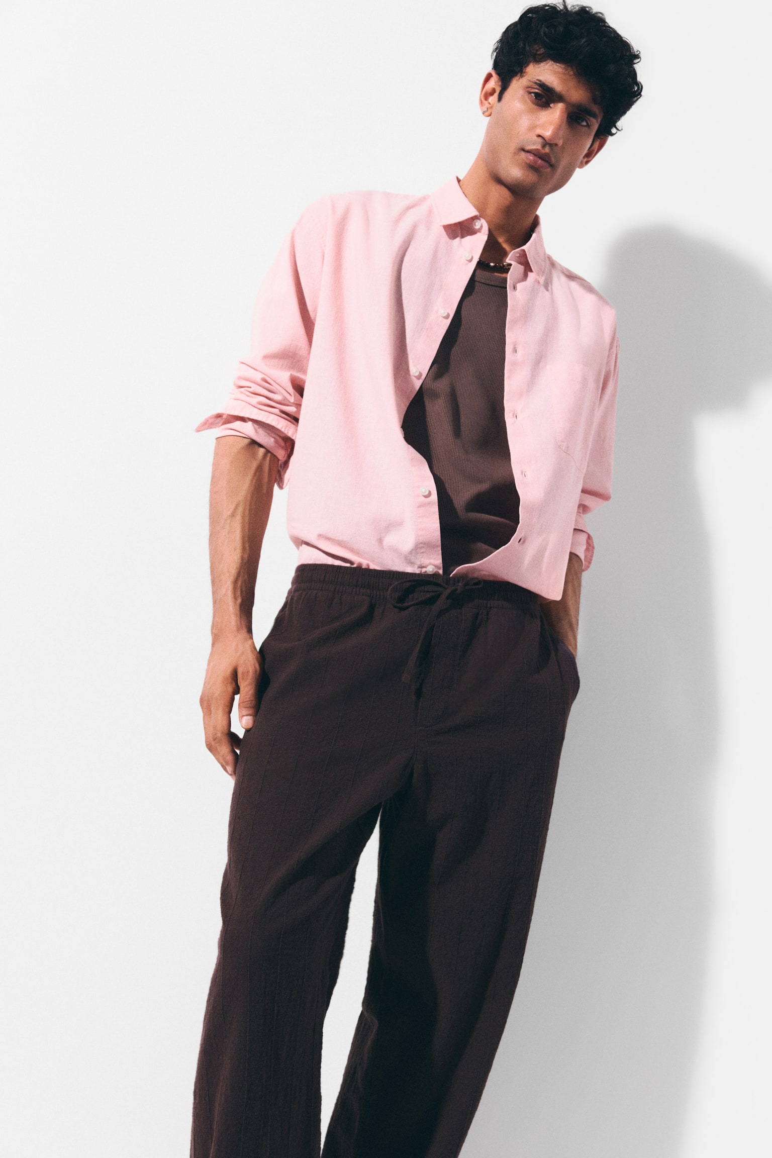 Relaxed Fit Textured cotton trousers - Dark brown/White - 5