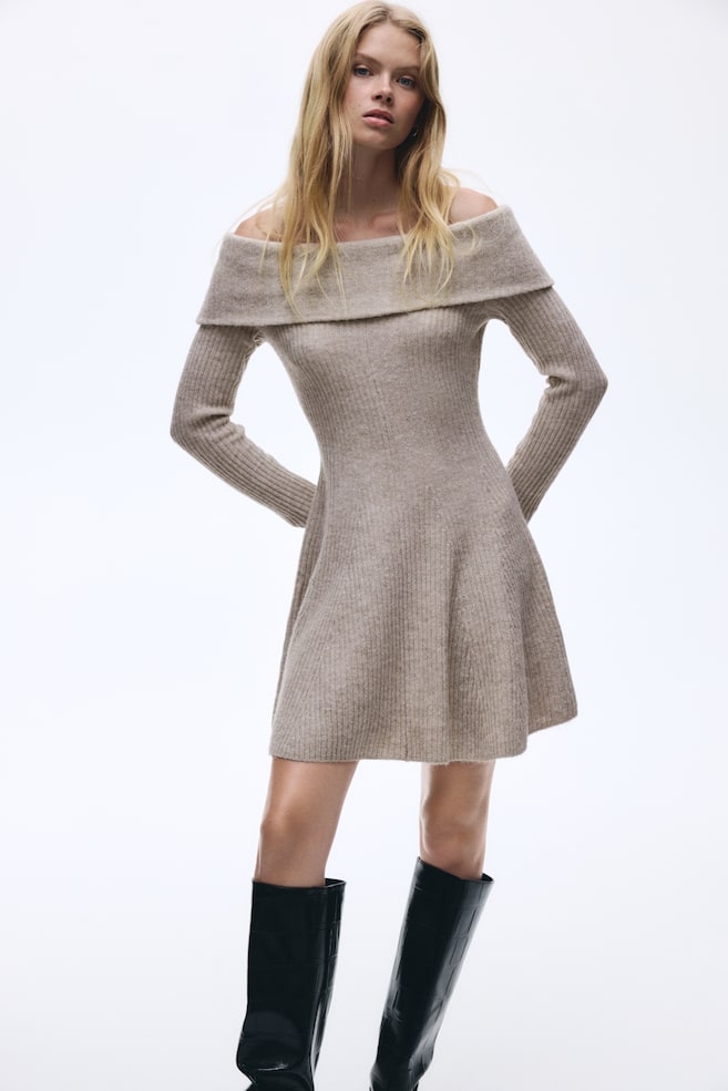 Rib-Knit Off-the-Shoulder Dress - Beige melange/Dark khaki green/Cream/Red/Dark gray melange - 2