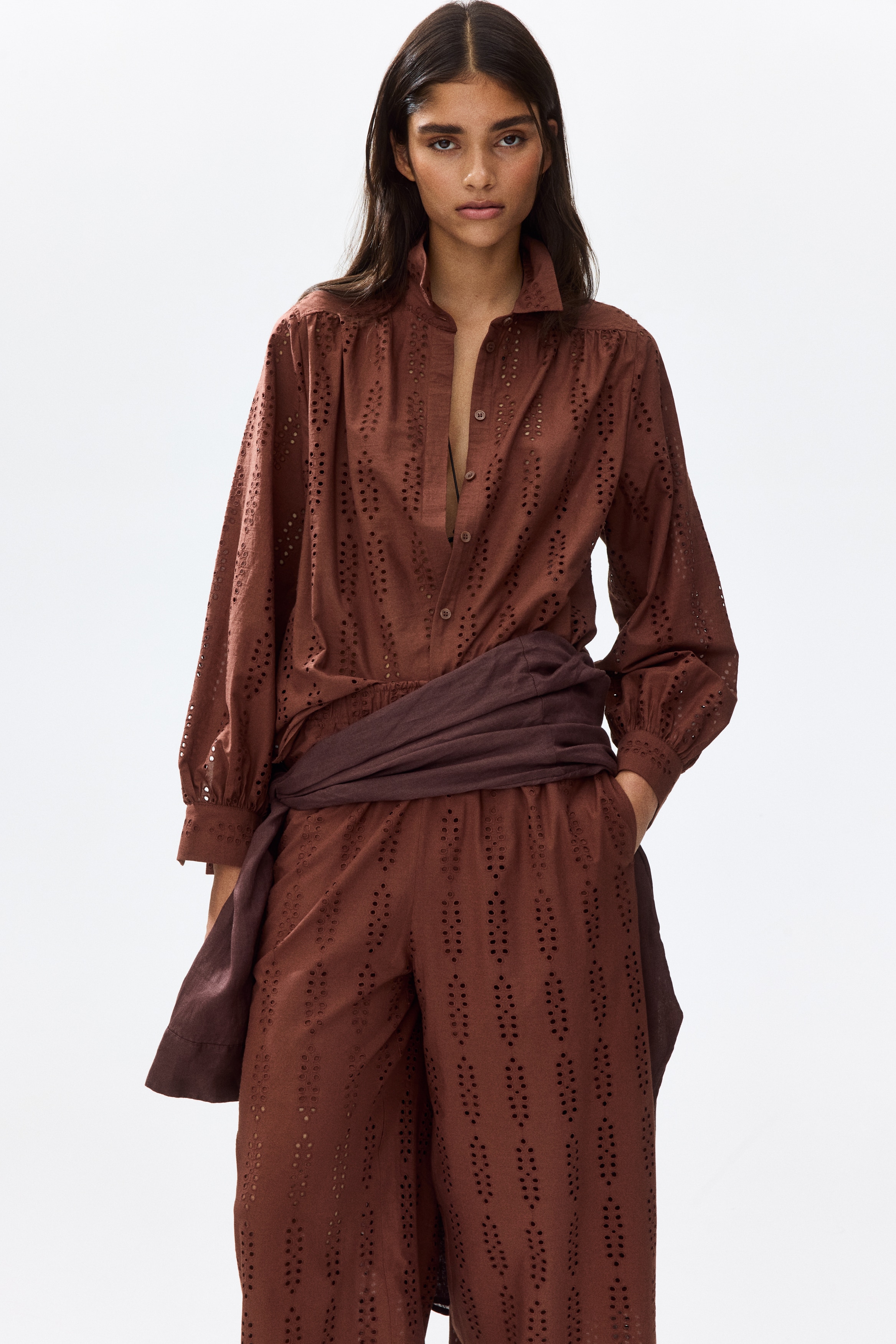 Broderie anglaise cotton shirt - Brown/Coral pink