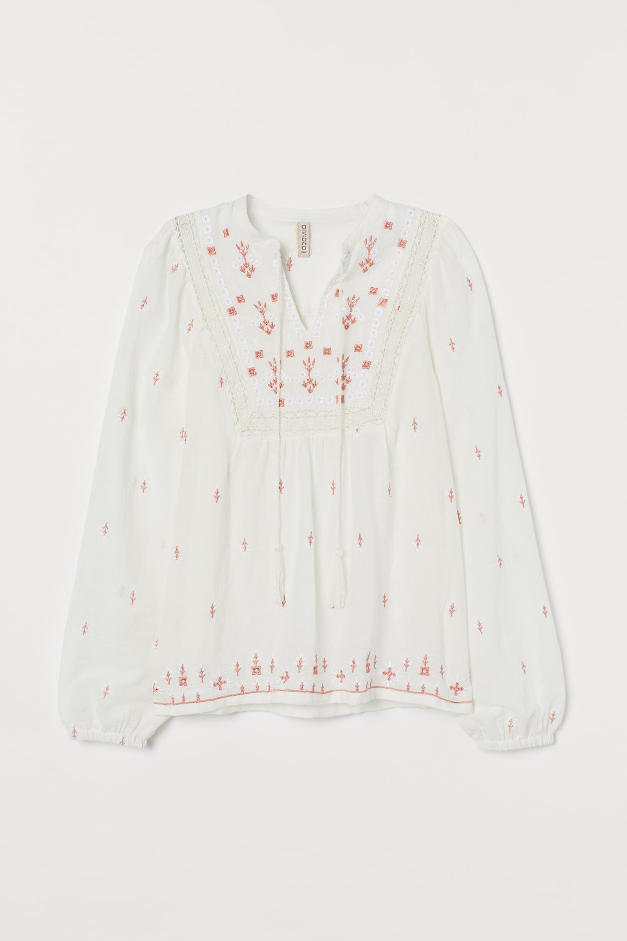 Embroidered Cotton Blouse - V-neck - Long sleeve - White/dusty rose ...