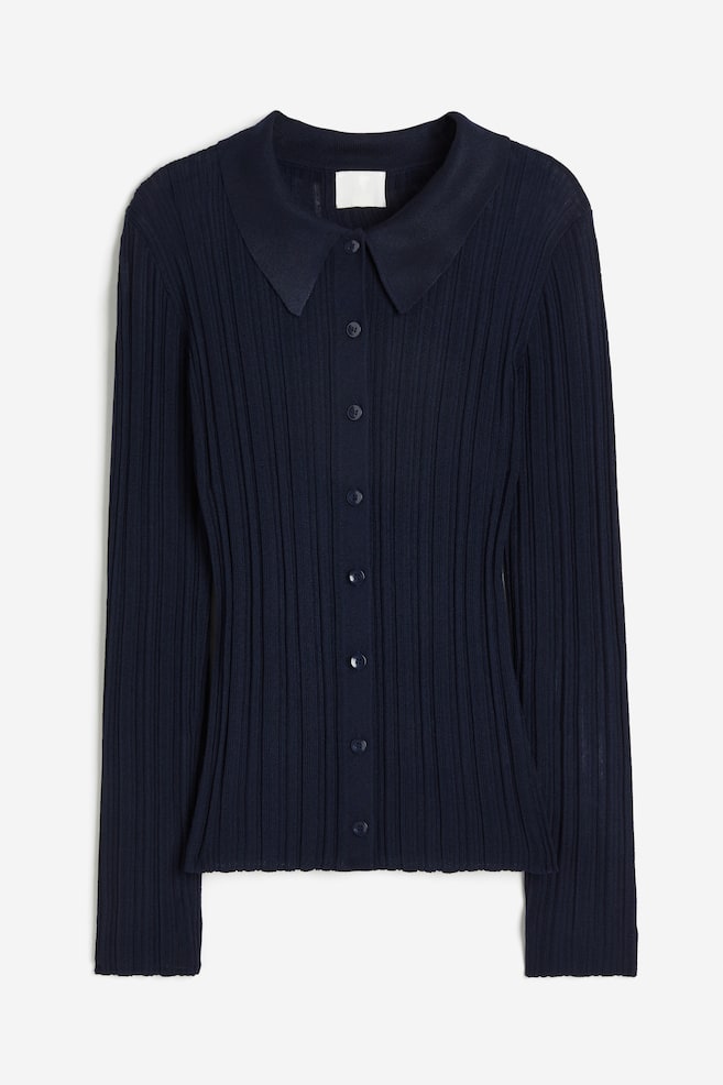 Collared rib-knit cardigan - Navy blue/Cream/Black - 2