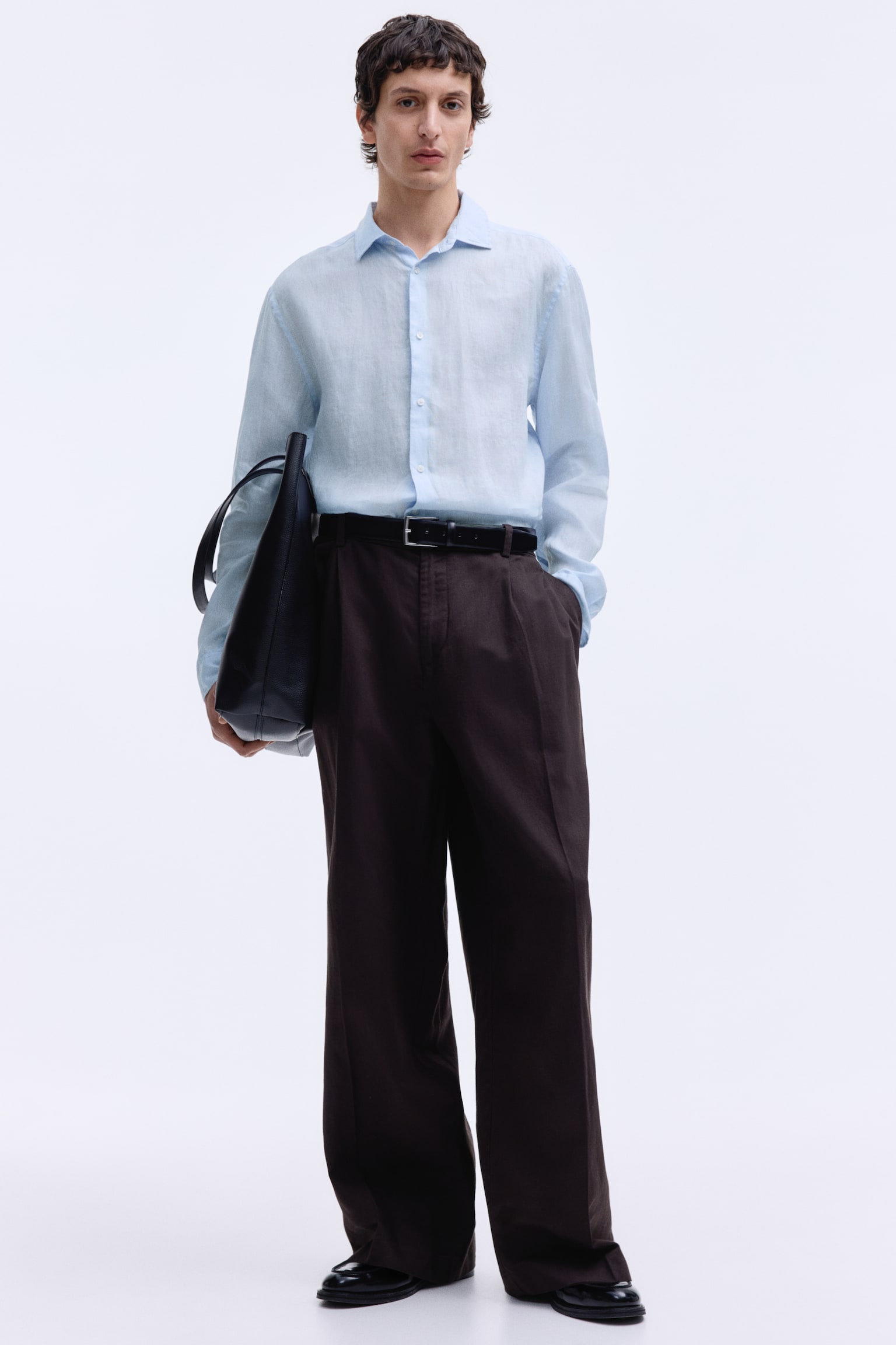 Мужская рубашка H&M Slim Fit Linen, цвет: Светлый синий — фото 4