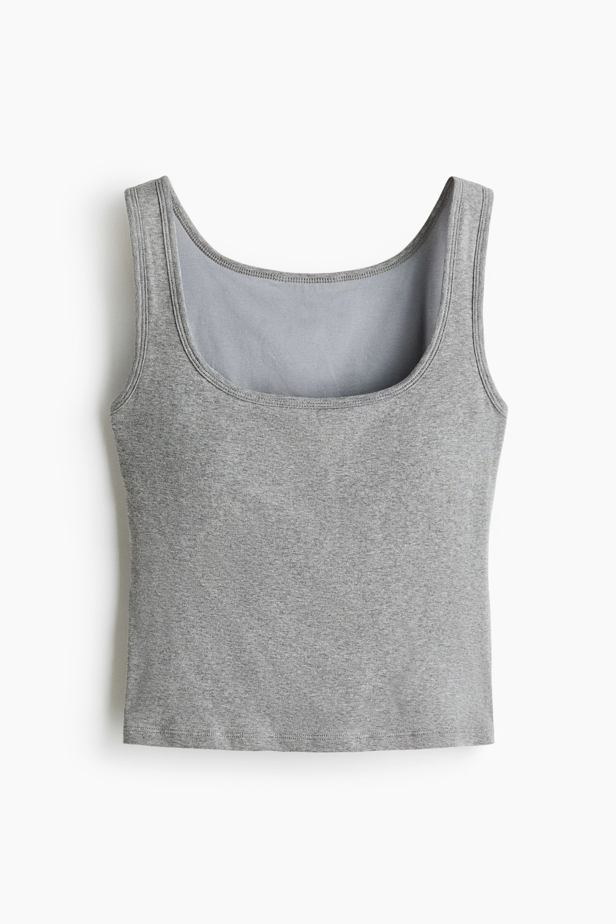 View larger image: "A short, fitted vest top in soft gray cotton jersey is showcased FRONT. It features a square neckline and a straight-cut hem."