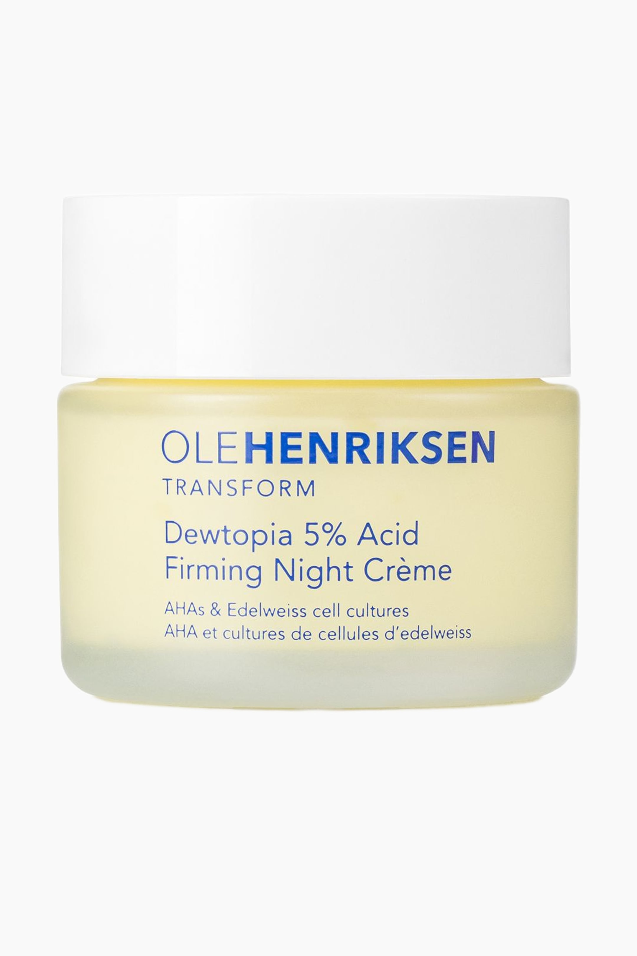 Se større billede: En OLEHENRIKSEN Dewtopia 5% Acid Firming Night Crème-krukke står oprejst og vender direkte fremad. Den har en matgul beholder og et hvidt, uigennemsigtigt låg og viser produktnavnet "OLEHENRIKSEN TRANSFORM Dewtopia 5% Acid Firming Night Crème" samt andre detaljer i blå tekst.