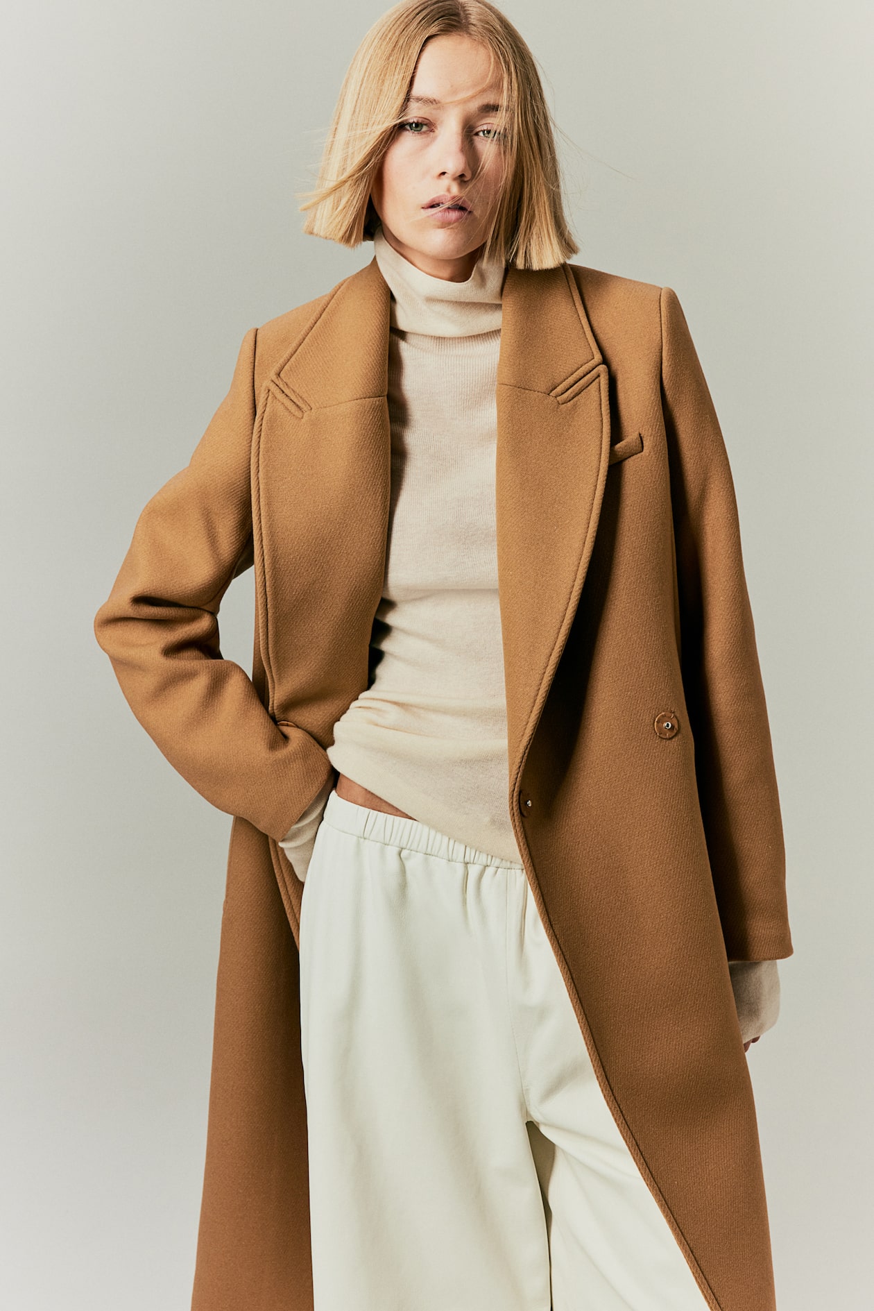 Wool-blend tie-belt coat - Long sleeve - Long - Dark beige - Ladies | H ...