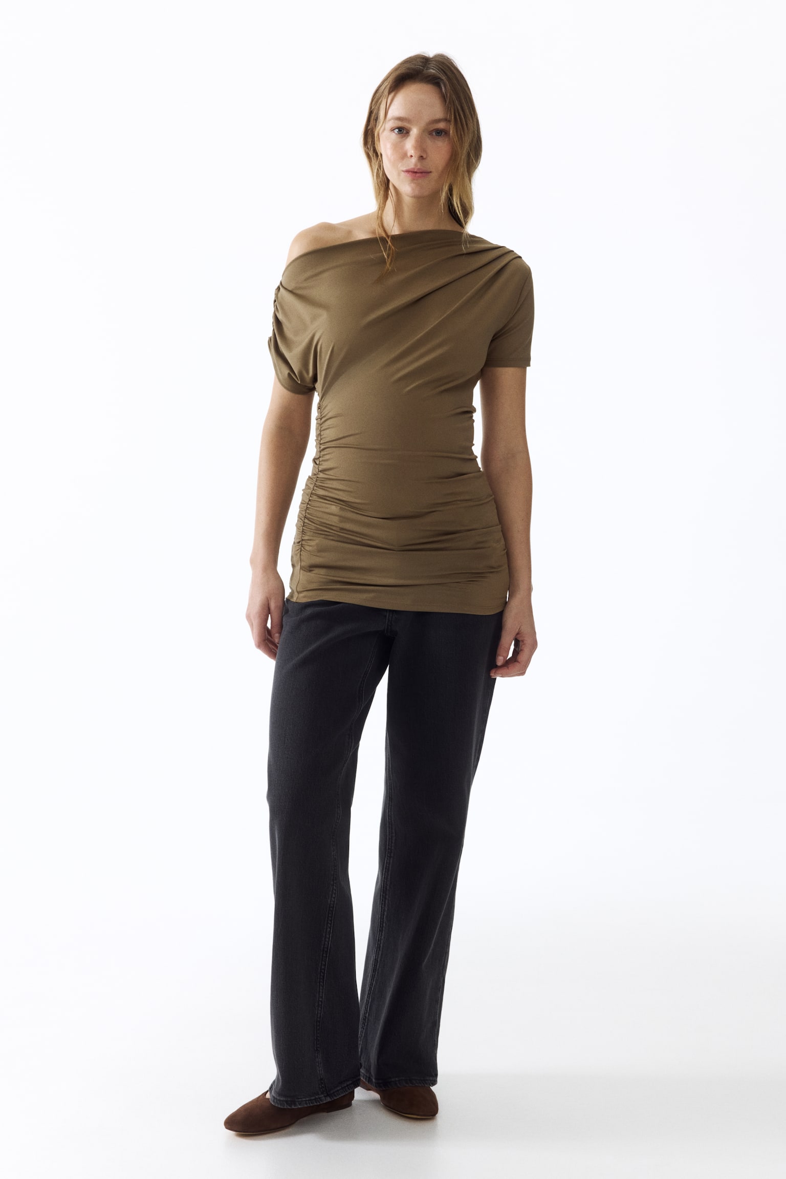 MAMA Drapiertes One-Shoulder-Shirt-Khakigrün - 6