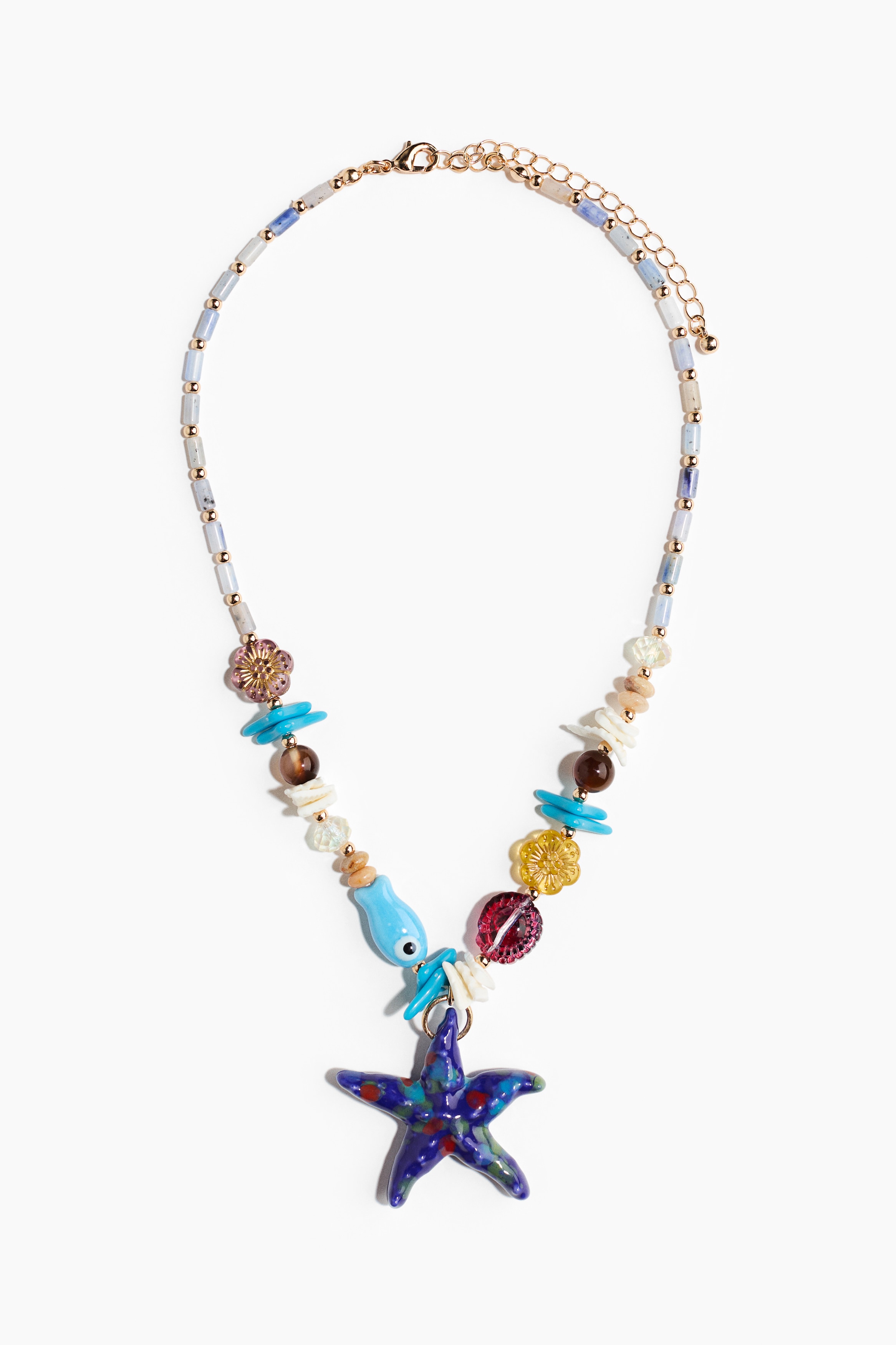 Beaded Necklace with Pendant - Light blue/gold-colored