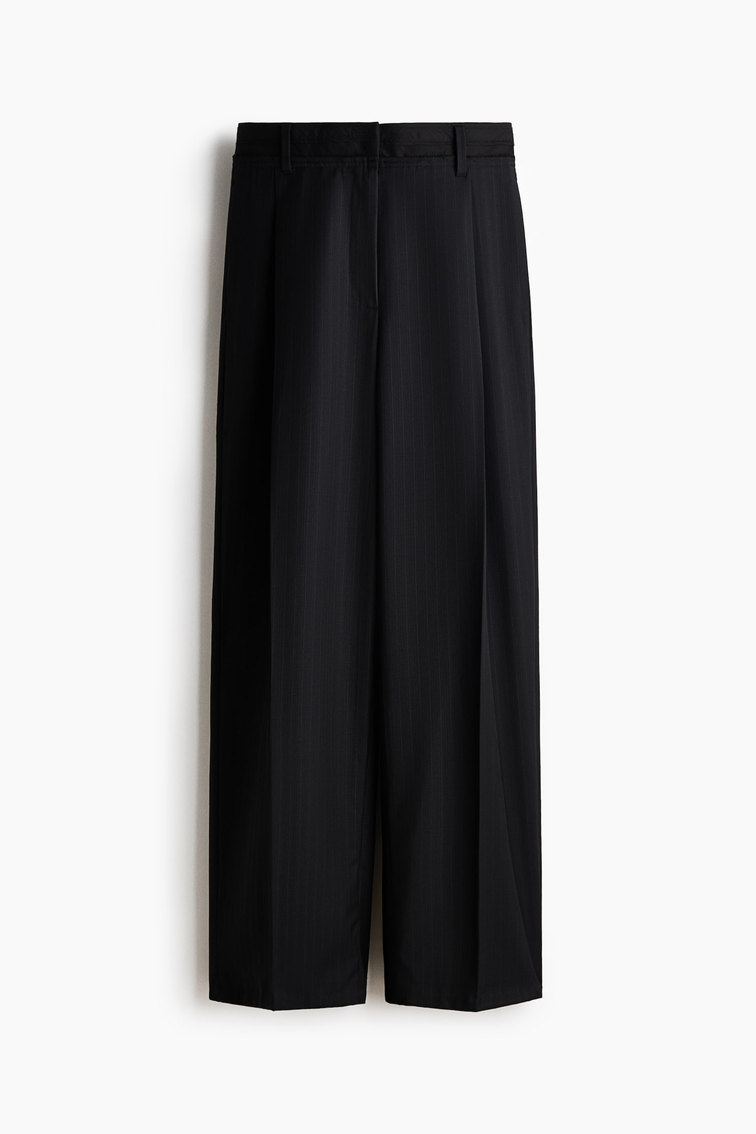 Black pinstriped trousers are showcasing a frontal view, featuring a wide-leg cut, prominent front pleats, and a structured waistband with belt loops. - 1