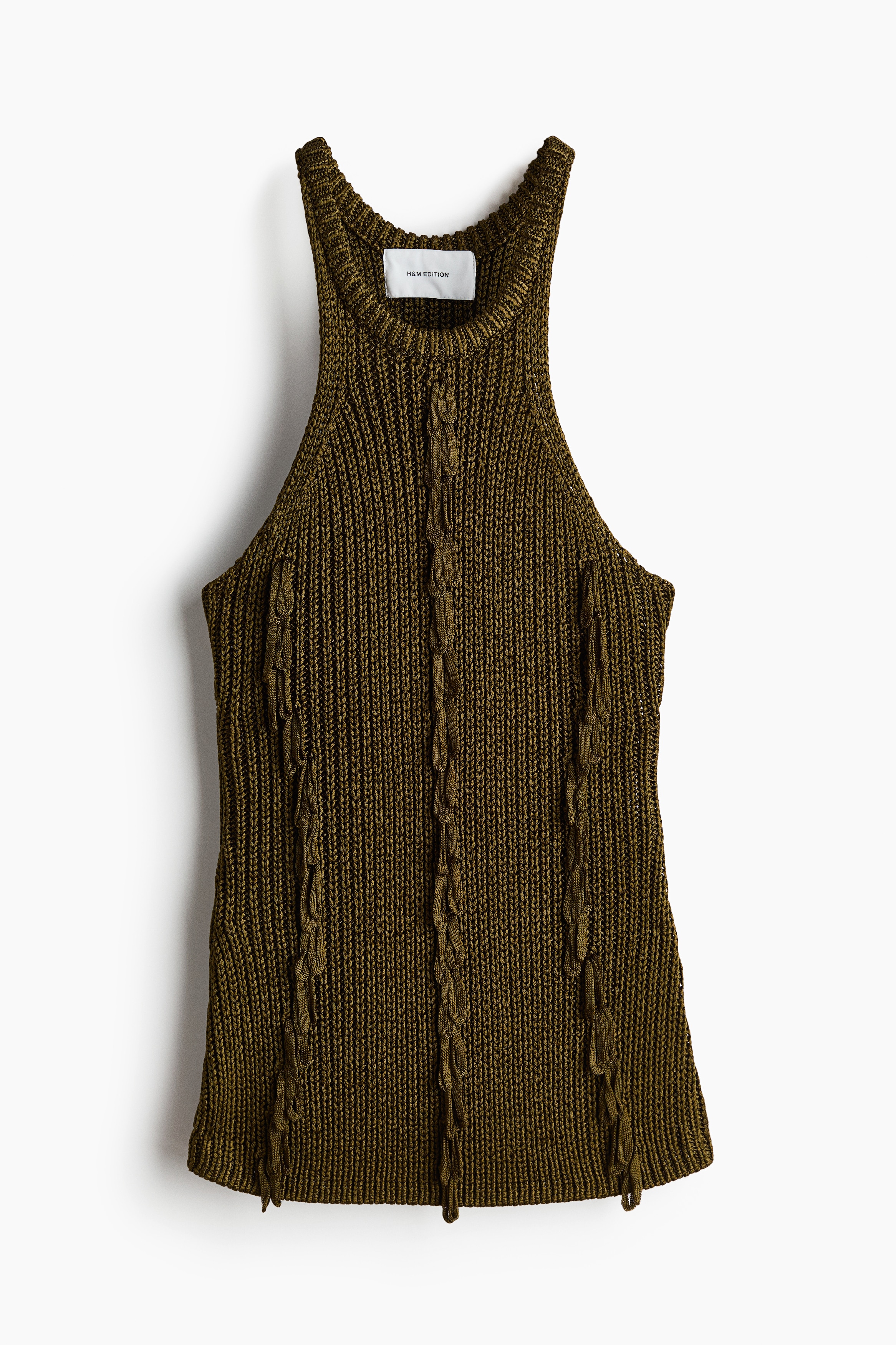 Fringed Rib-Knit Top - Dark khaki green