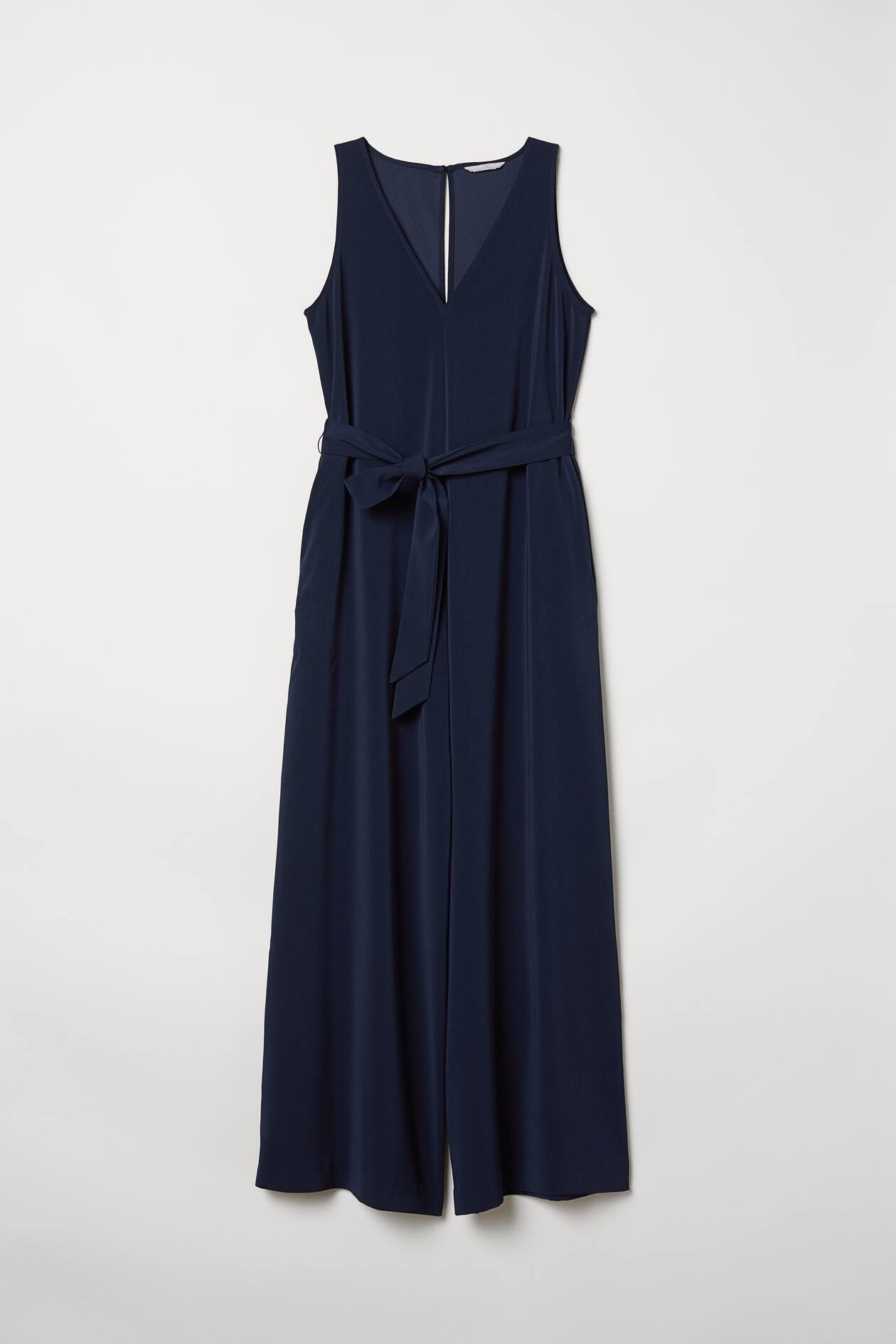 Jumpsuit with a tie belt - V-neck - Sleeveless - Dark blue - Ladies | H ...