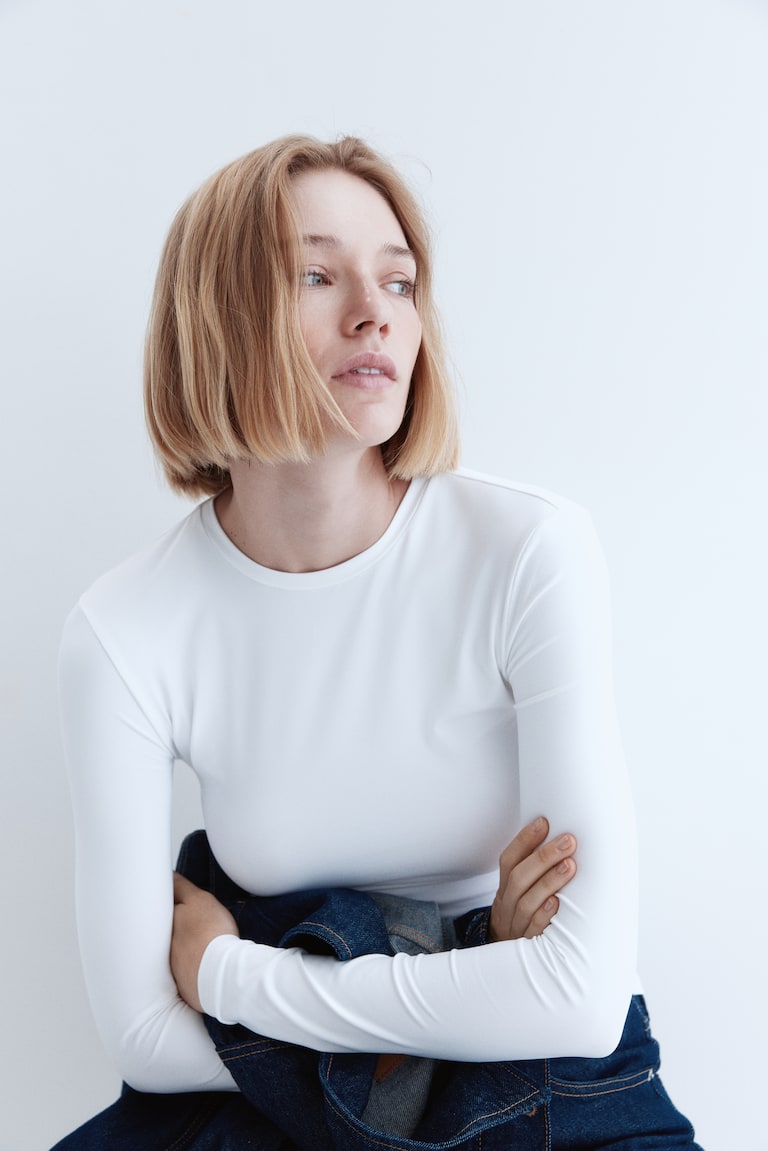 Top à manches longues en microfibre Blanc FEMME H&M FR