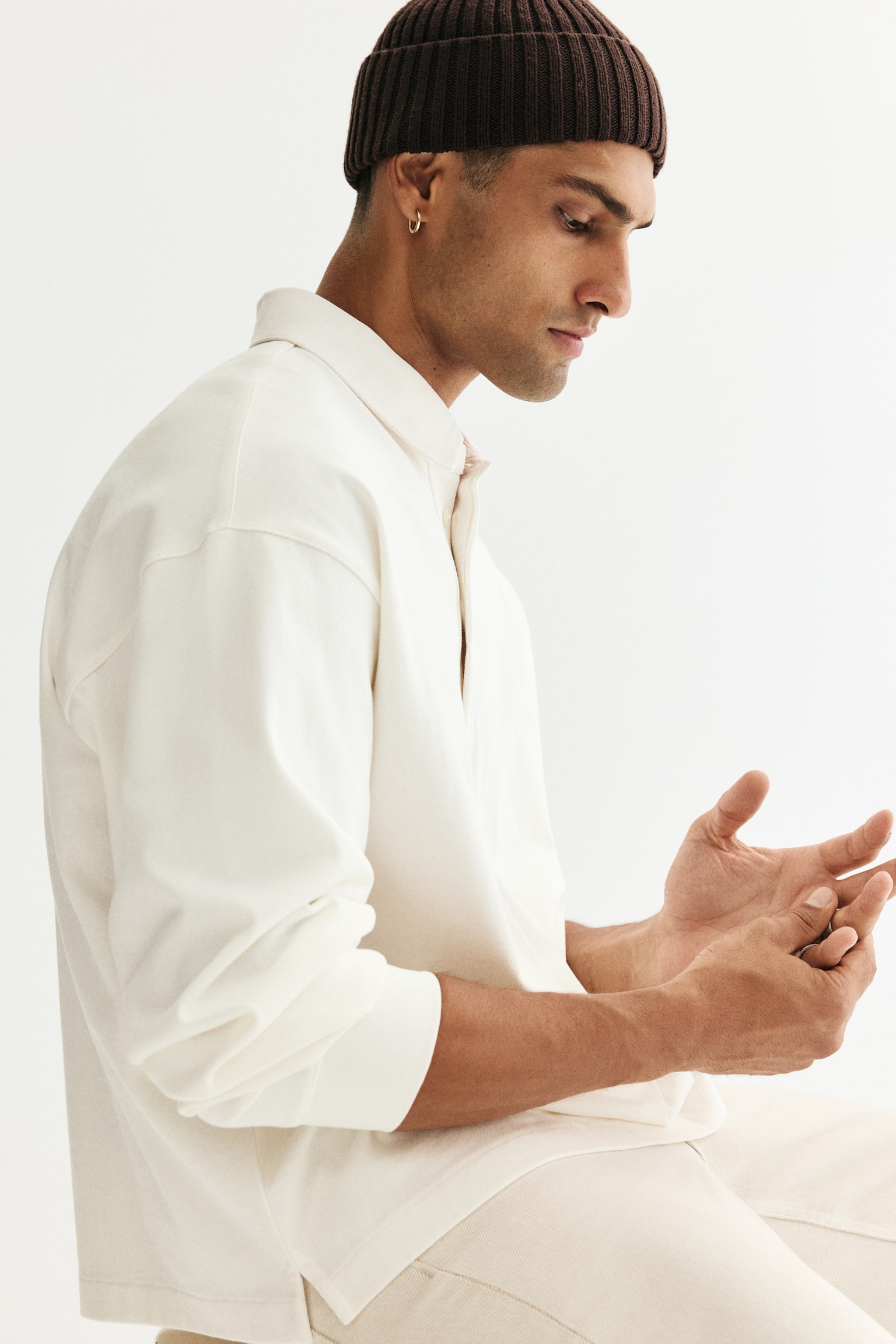 Loose Fit Cotton polo shirt - White/Light grey marl - 3