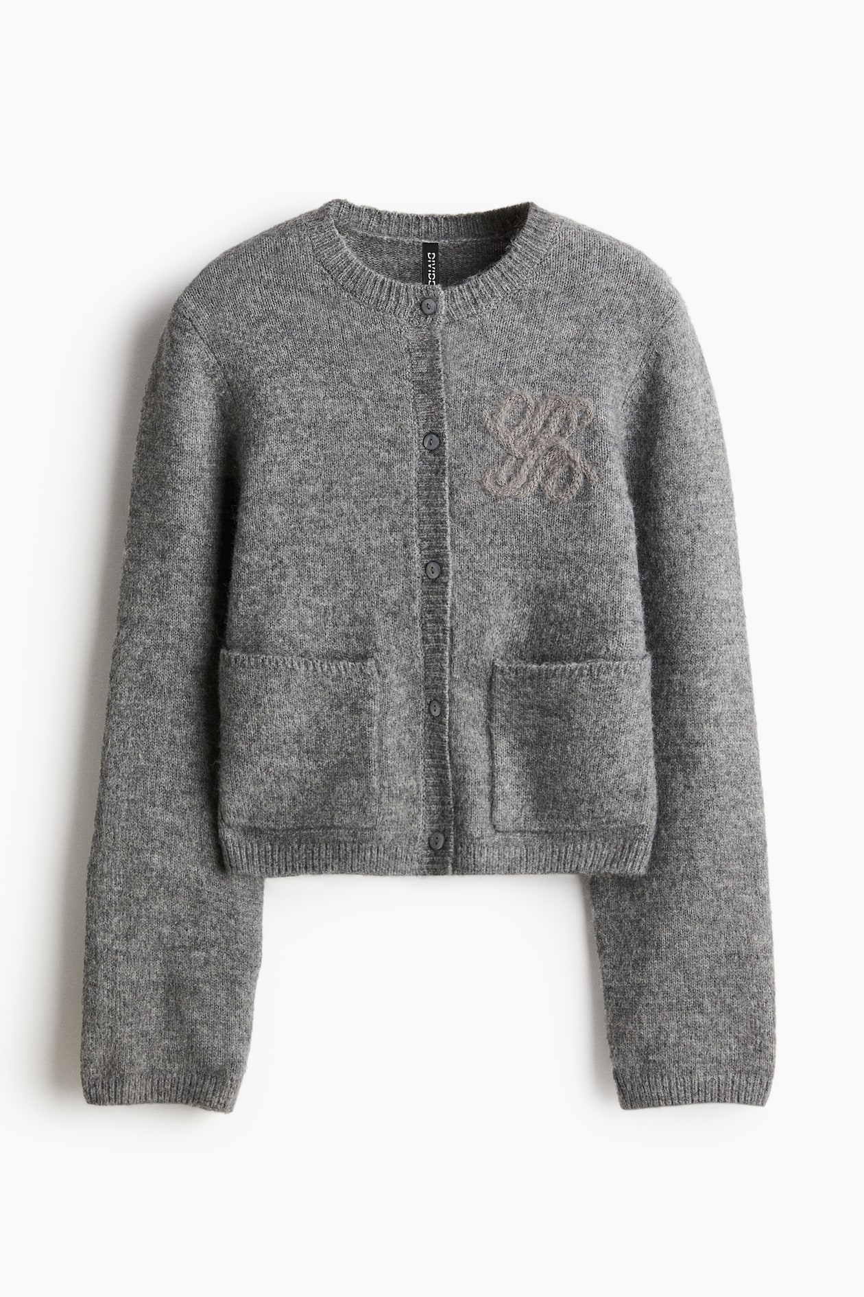 Embroidered-Motif Cardigan - Round Neck - Long sleeve - Gray 