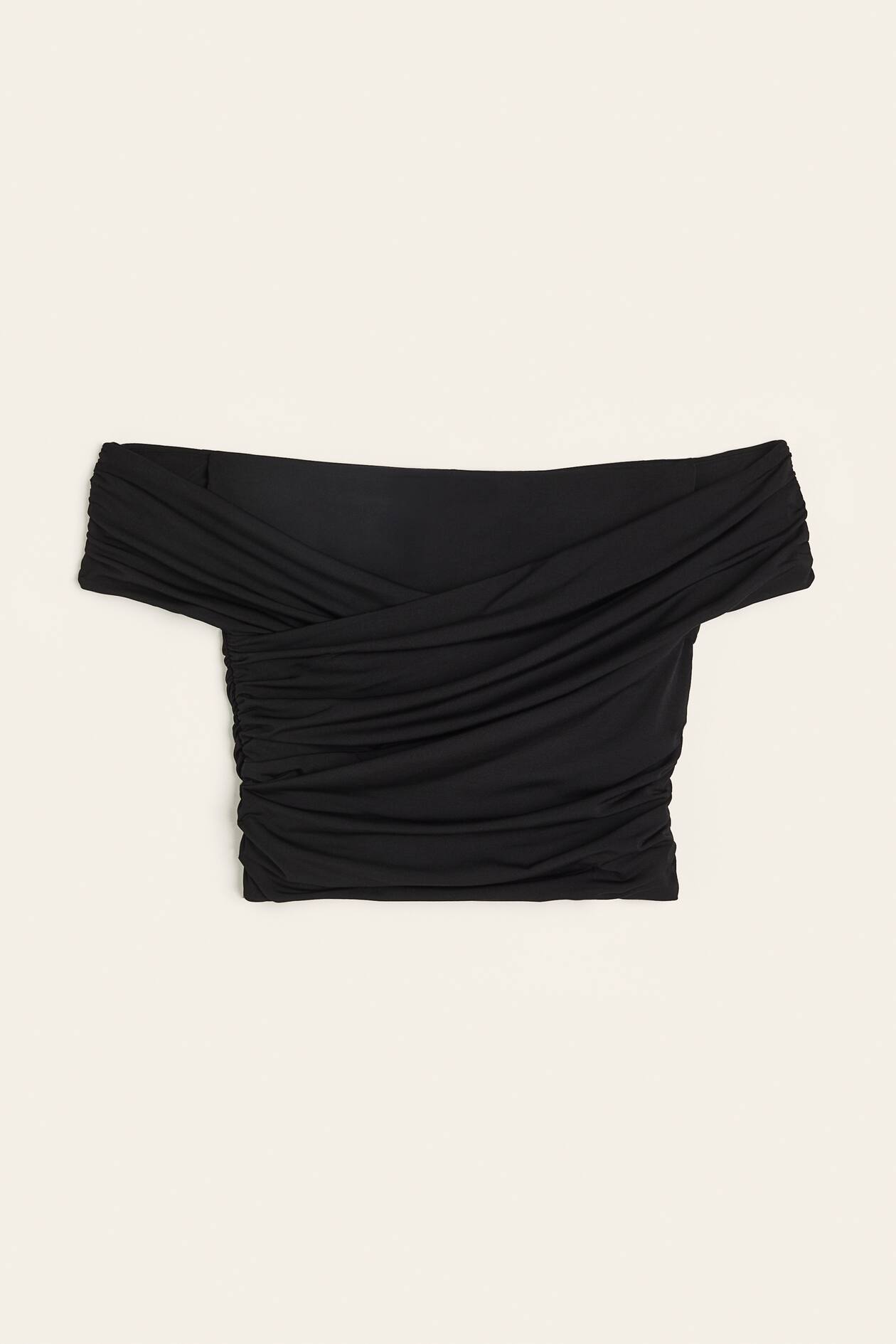 Draped offtheshoulder top Short sleeve Cropped Black Ladies