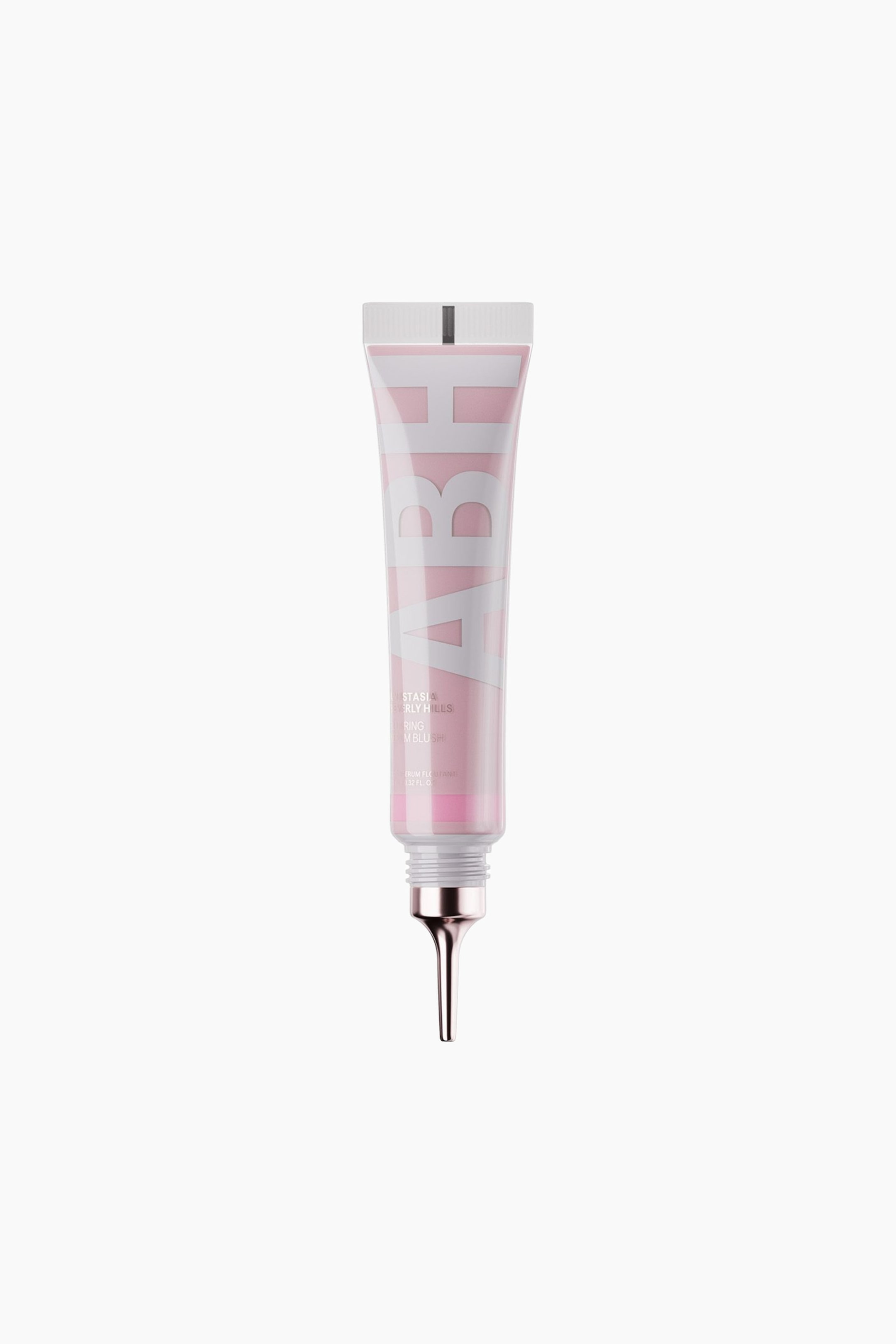 Vis større bilde: En lys rosa kosmetisk klemtube står oppreist, vendt rett fremover, med en stor hvit 'ABH'-logo, teksten 'ANASTASIA BEVERLY HILLS LIQUID BLUSH', og gjennomsiktighet mot bunnen som avslører det rosa produktet inni. Den har også en rosegull, avsmalnende applikatorspiss ved basen.