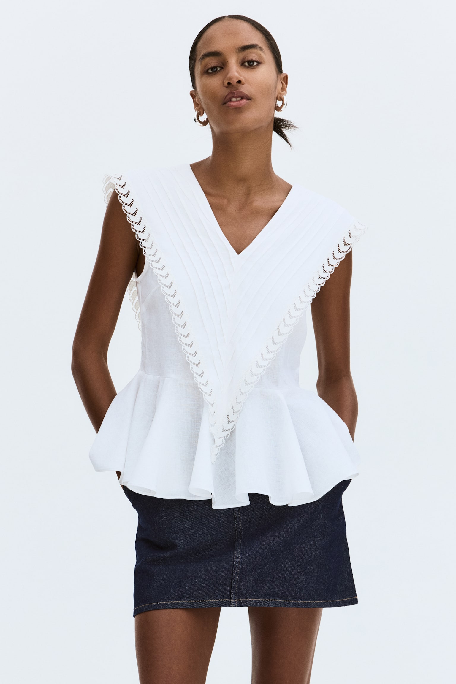 Áo peplum linen pha - Màu trắng - 4