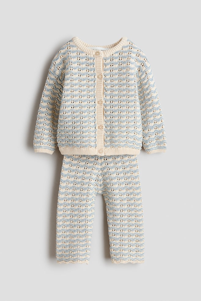 2-piece Pointelle Knit Cotton Set - Light beige/Blue stripe - 1