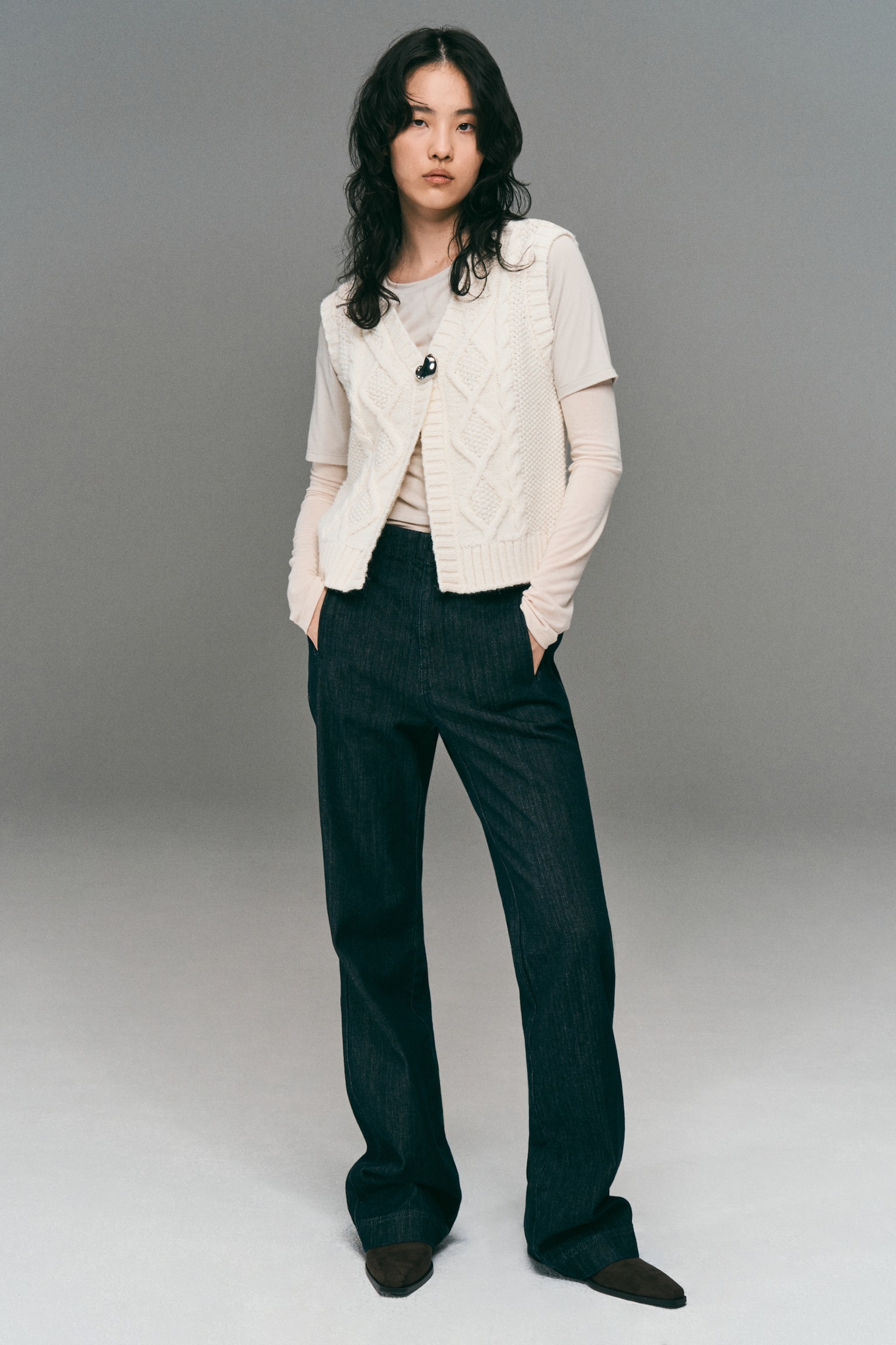 케이블 니트 베스트 - 크림 - 5