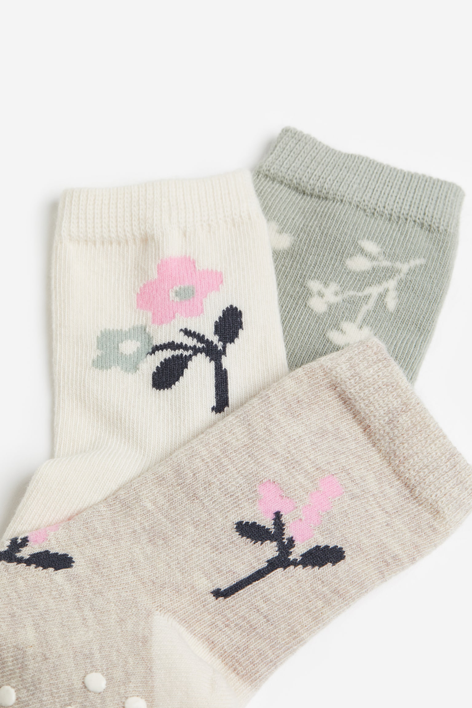 3-pack anti-slip socks - Dusty green/Floral/Beige/Teddy bear/Black/Cat/Dusty pink/Spotted/Dark green/Team Dino - 2