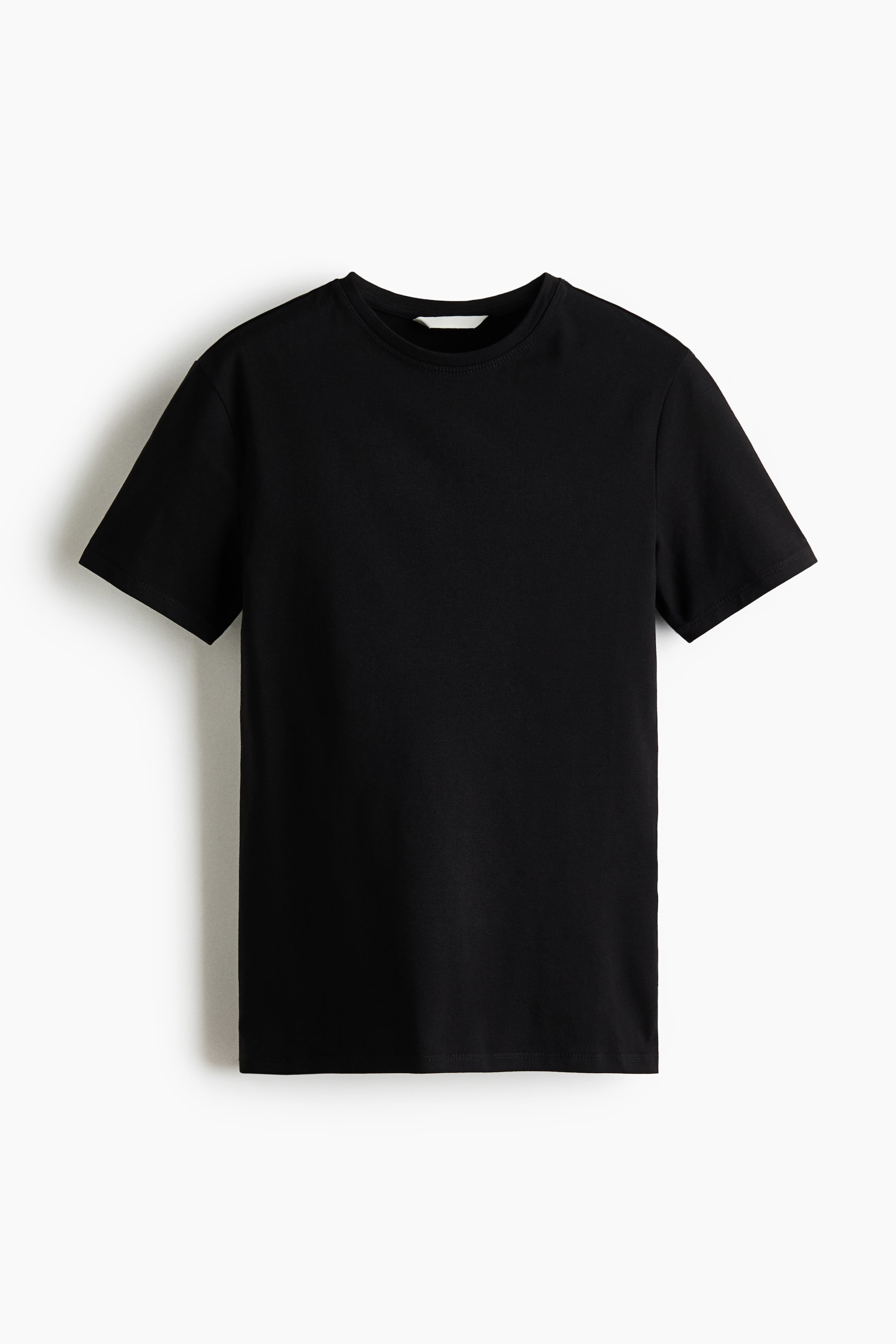 View larger image: A black fitted t-shirt is shown from the front, featuring a crew neckline, short sleeves, and a straight-cut hem.