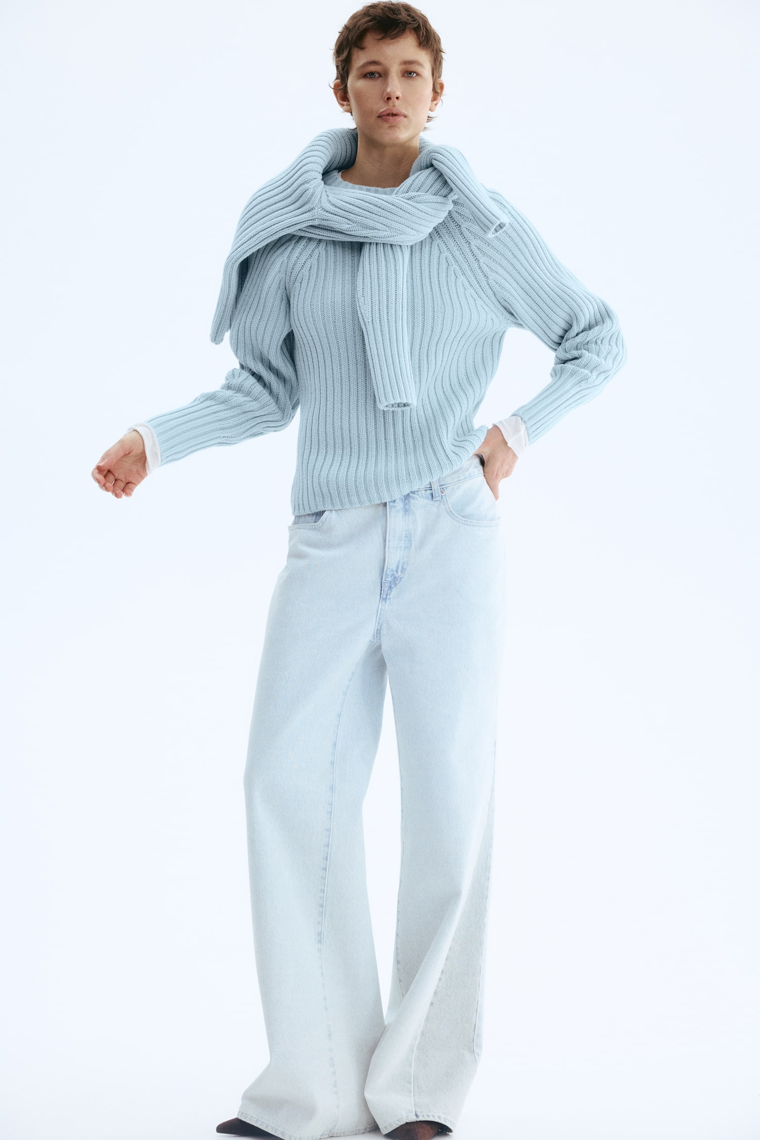 В’язаний светр у рубчик - Світло-блакитний/Світло-бежевий/Світло-рожевий/Яскраво-червоний - 3