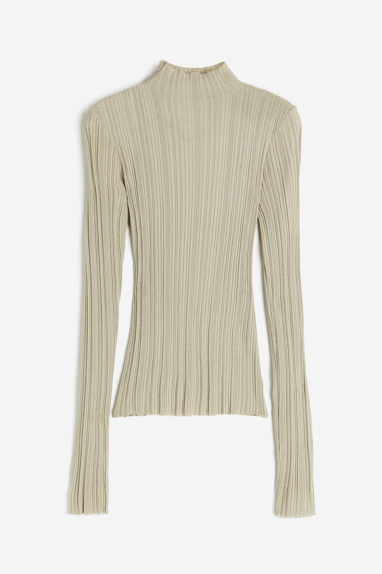 Sheer Rib-knit Mock Turtleneck Top