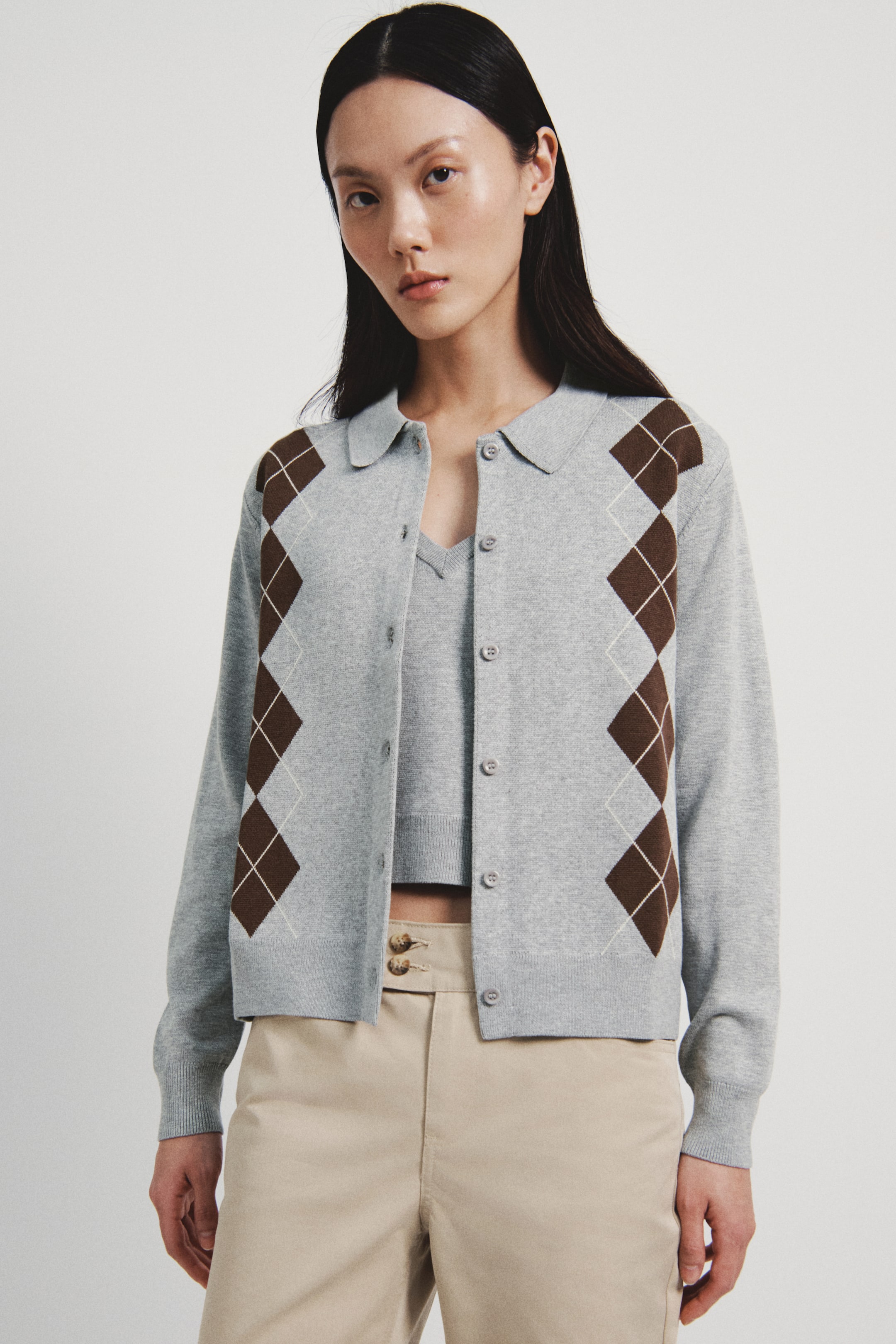 Xem ảnh lớn hơn: Áo cardigan có cổ - Màu xám đốm/Hoạ tiết quả trám - Ladies | H&M VN 2