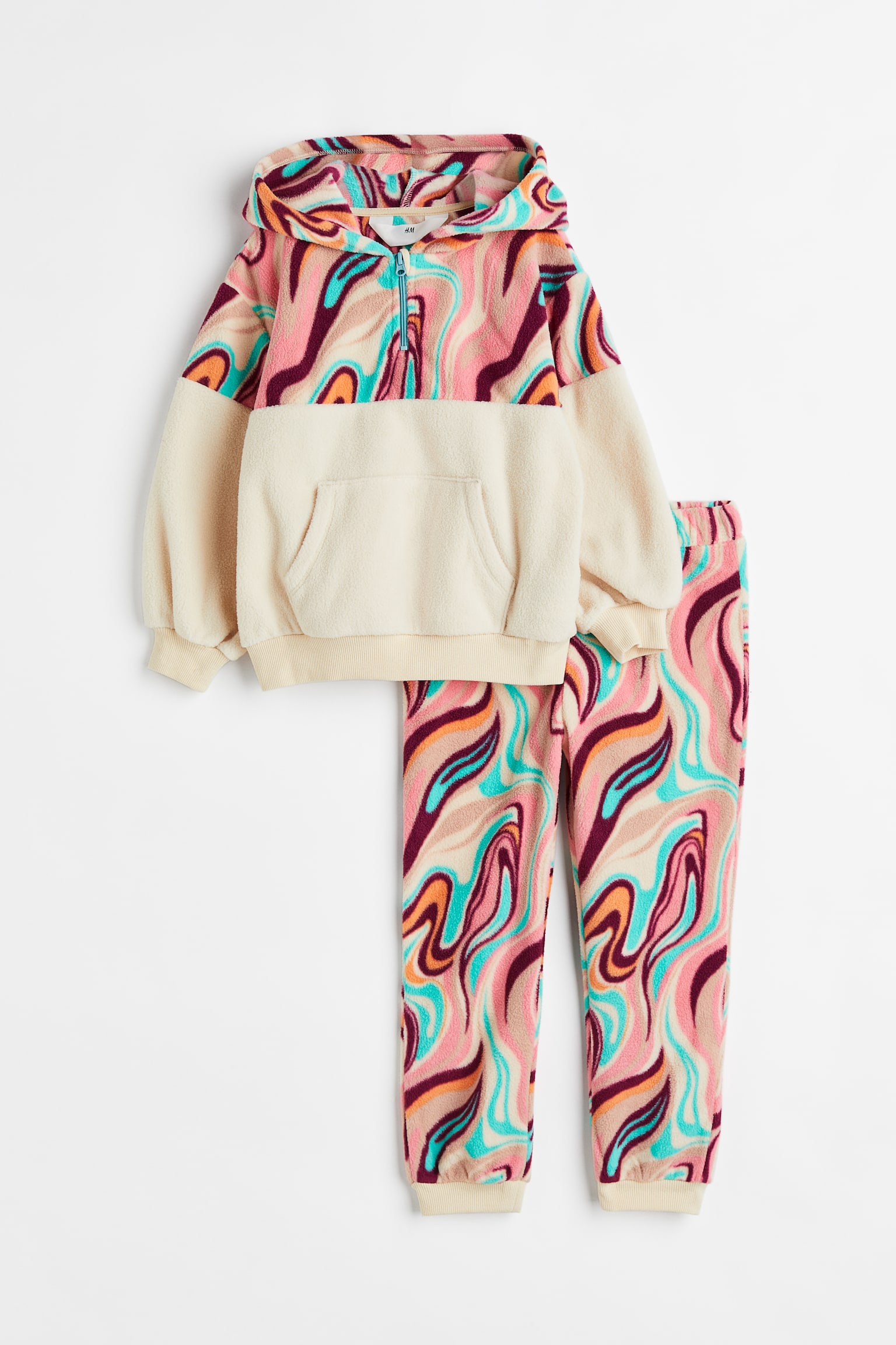 2-teiliges Fleece-Set mit Print - Hellbeige/Rosa gemustert