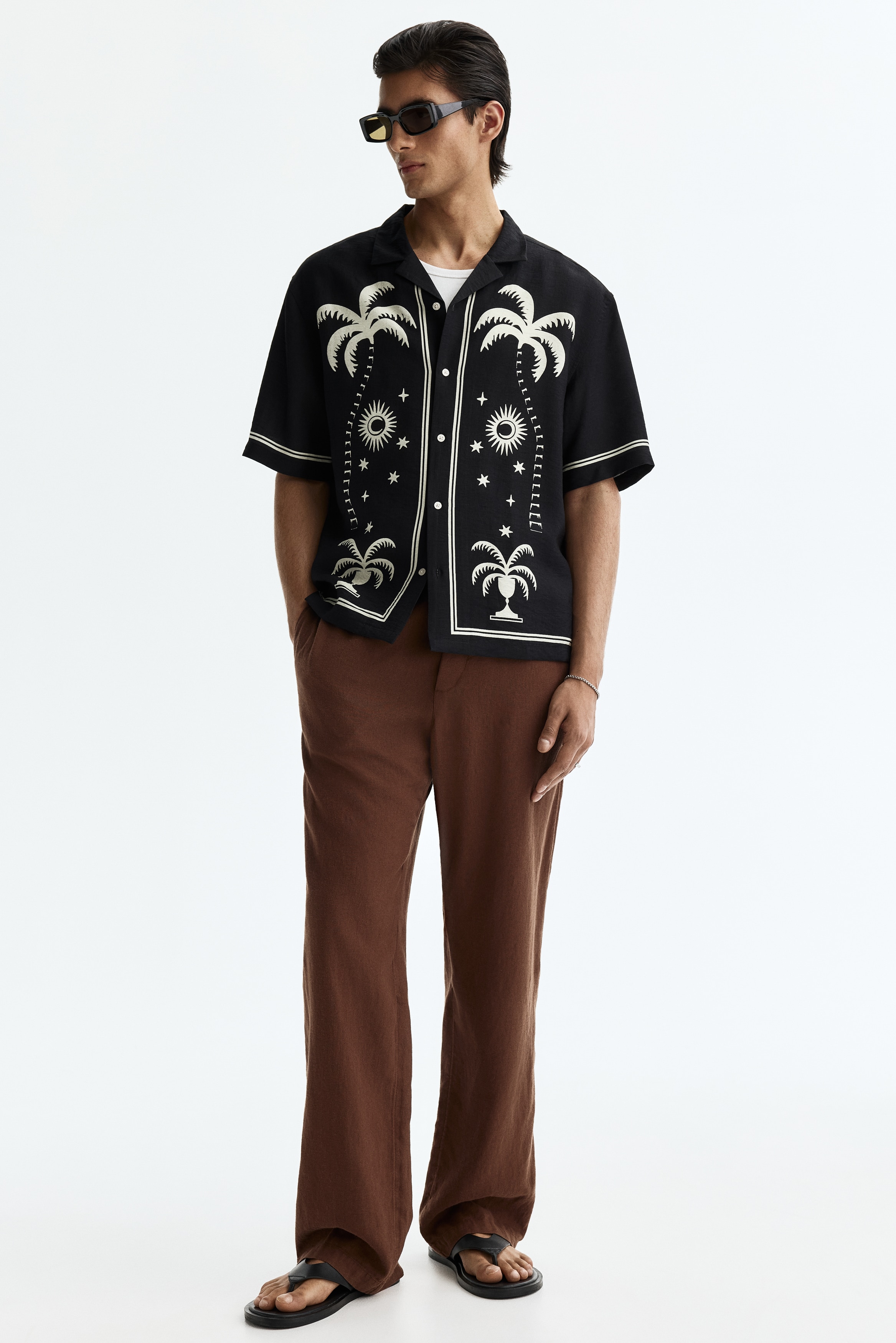 Relaxed Fit Linen-blend trousers - Ανοιχτό καφέ/Λευκό/Μαύρο