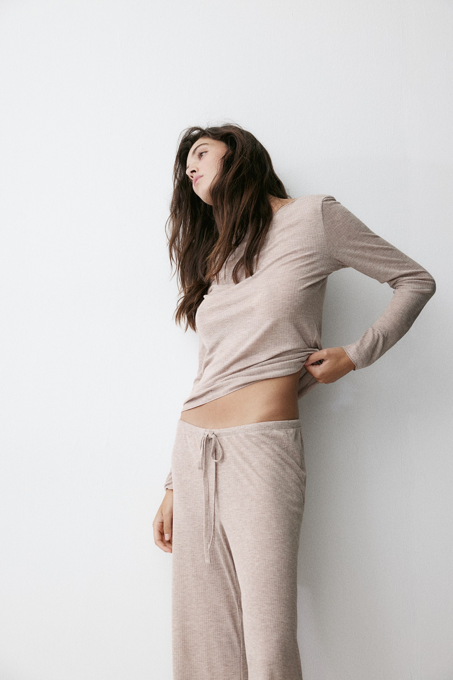 Ribbed pyjamas - Light beige marl/Dark grey marl/Burgundy - 6