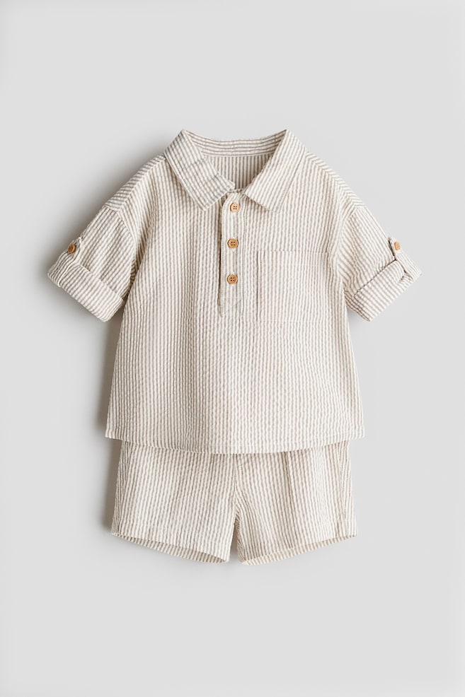 2-piece cotton seersucker set - Light beige/White striped/White/Navy blue/Light blue/White striped - 1