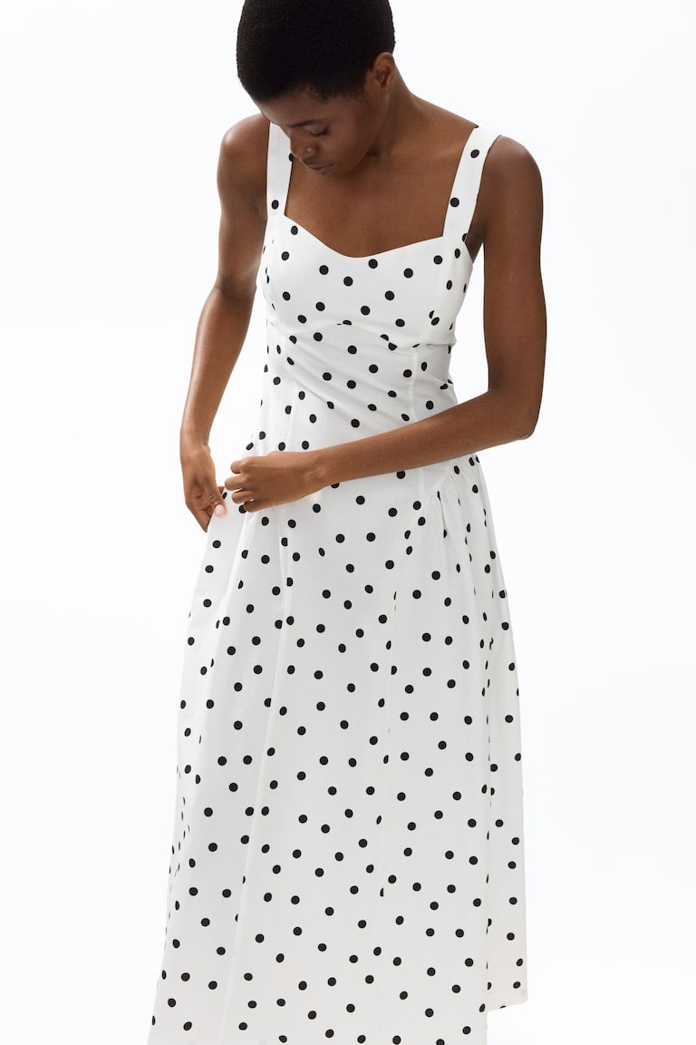 white dress with black pattern Queen of the Polka Dots Maxi Dress - White and Black
