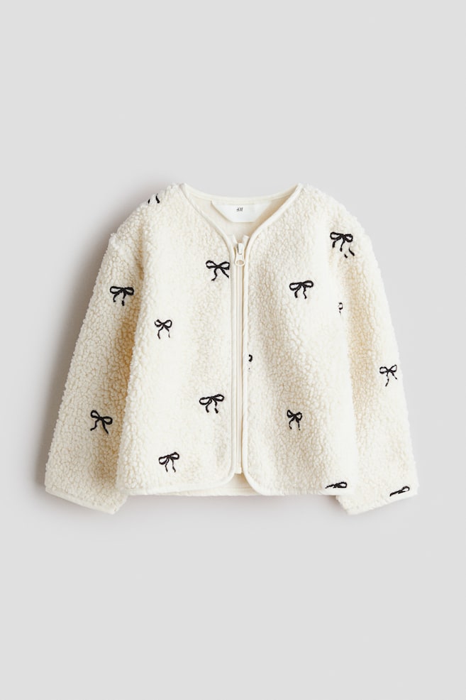 Zip-through teddy cardigan - Cream/Bows - 1