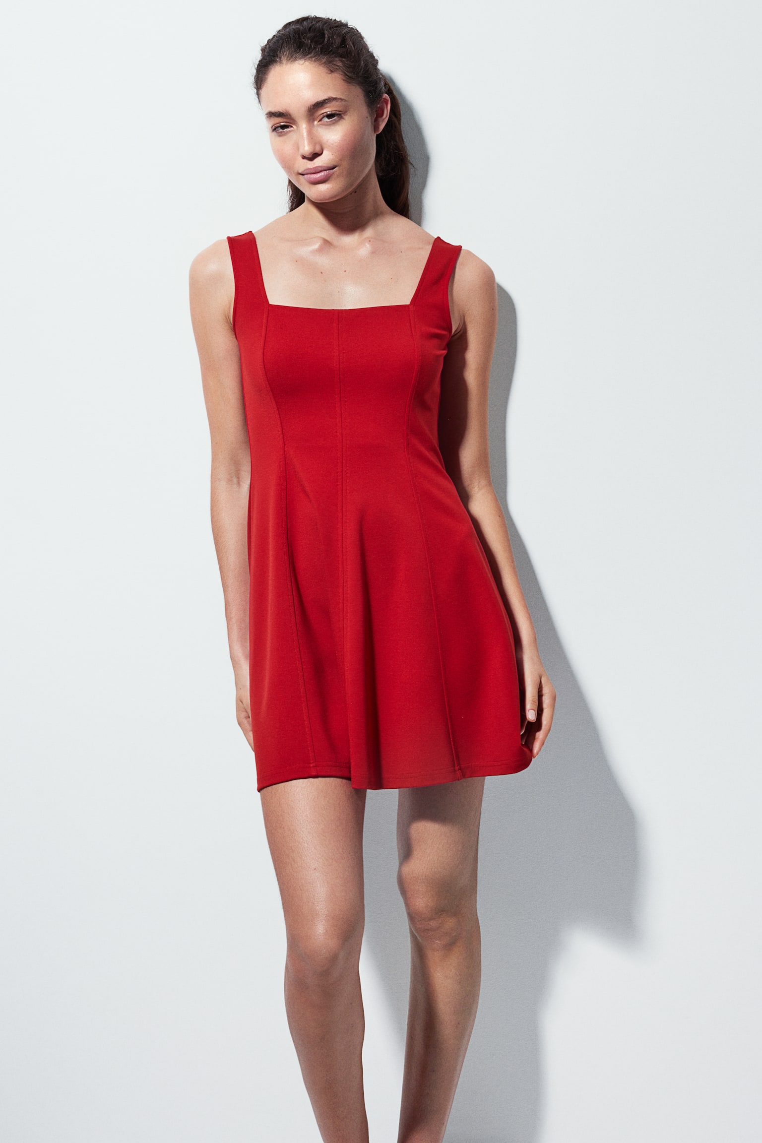 Square Neck Jersey Dress - Red/Black/Light beige - 1