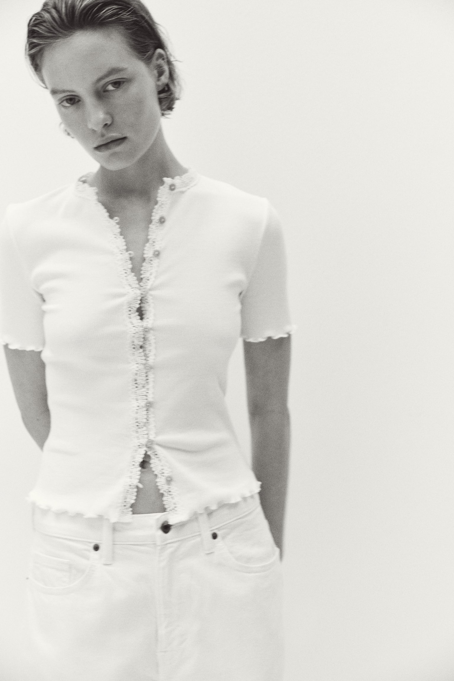 Женский топ H&M Lace-Trimmed Cotton Top, цвет: Белый — фото 3