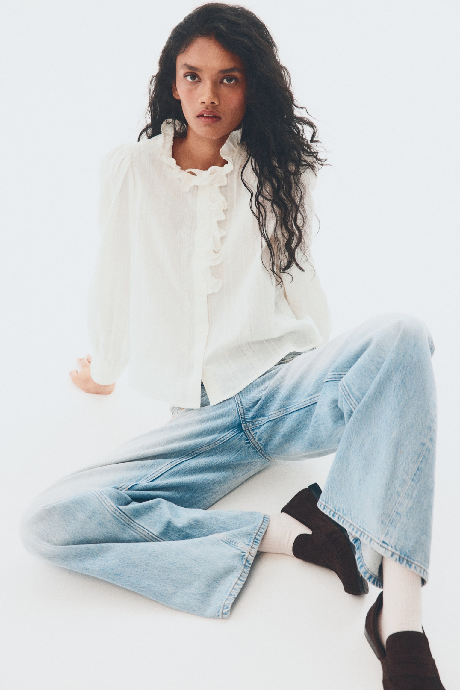 Frill-collared cotton blouse - White/Light pink/Light blue/Checked - 4