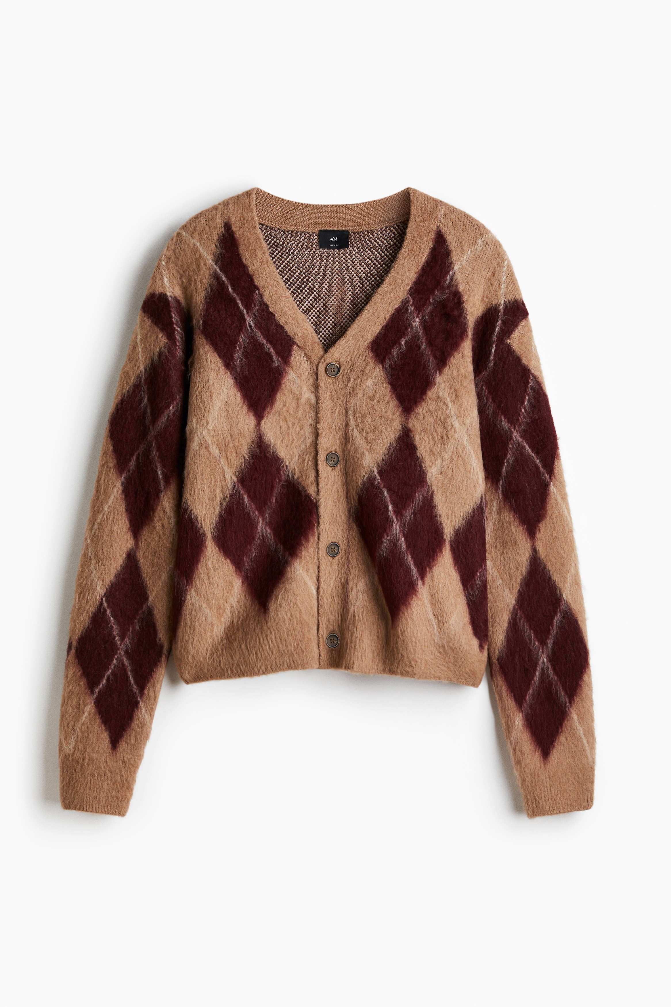 Loose Fit Fluffy cardigan - Beige/Argyle pattern