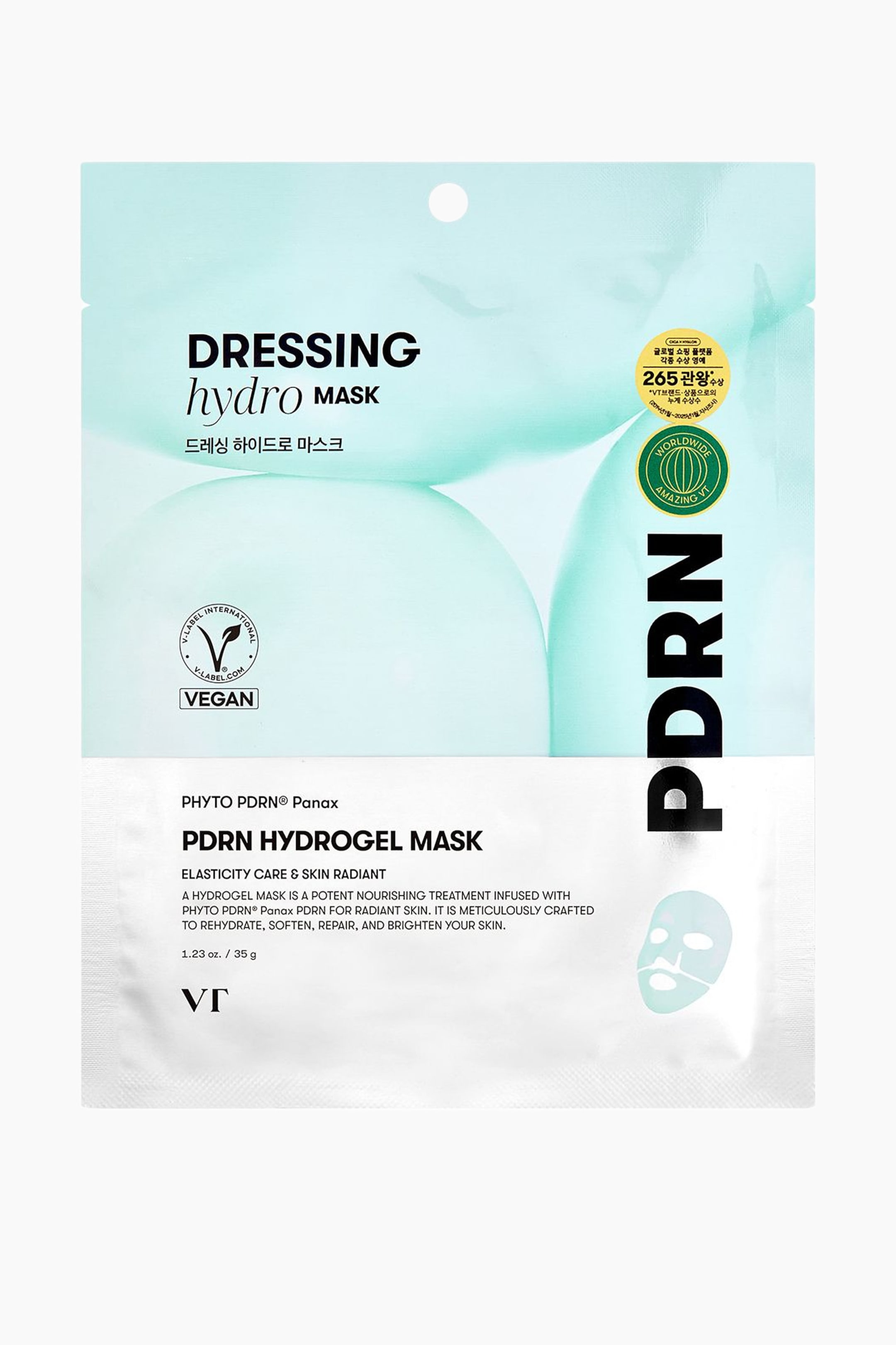 Näytä suurempi kuva: Suorakulmainen sheet mask -pussi on kuvattuna edestä, ja siinä on kaksivärinen muotoilu, jossa yläosa on vaalean mintunvihreä ja alaosa valkoinen. Pakkauksessa näkyvät tuotenimet "DRESSING hydro MASK" ja "PDRN HYDROGEL MASK" mustalla tekstillä sekä erilaisia sertifiointilogotunnuksia ja pieni kasvomaskin kuva.