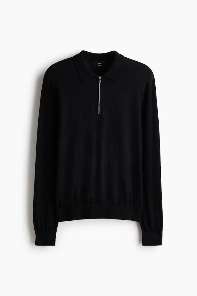 Regular-Fit Merino Wool Half-Zip Polo Shirt - Black/Dark gray - 1