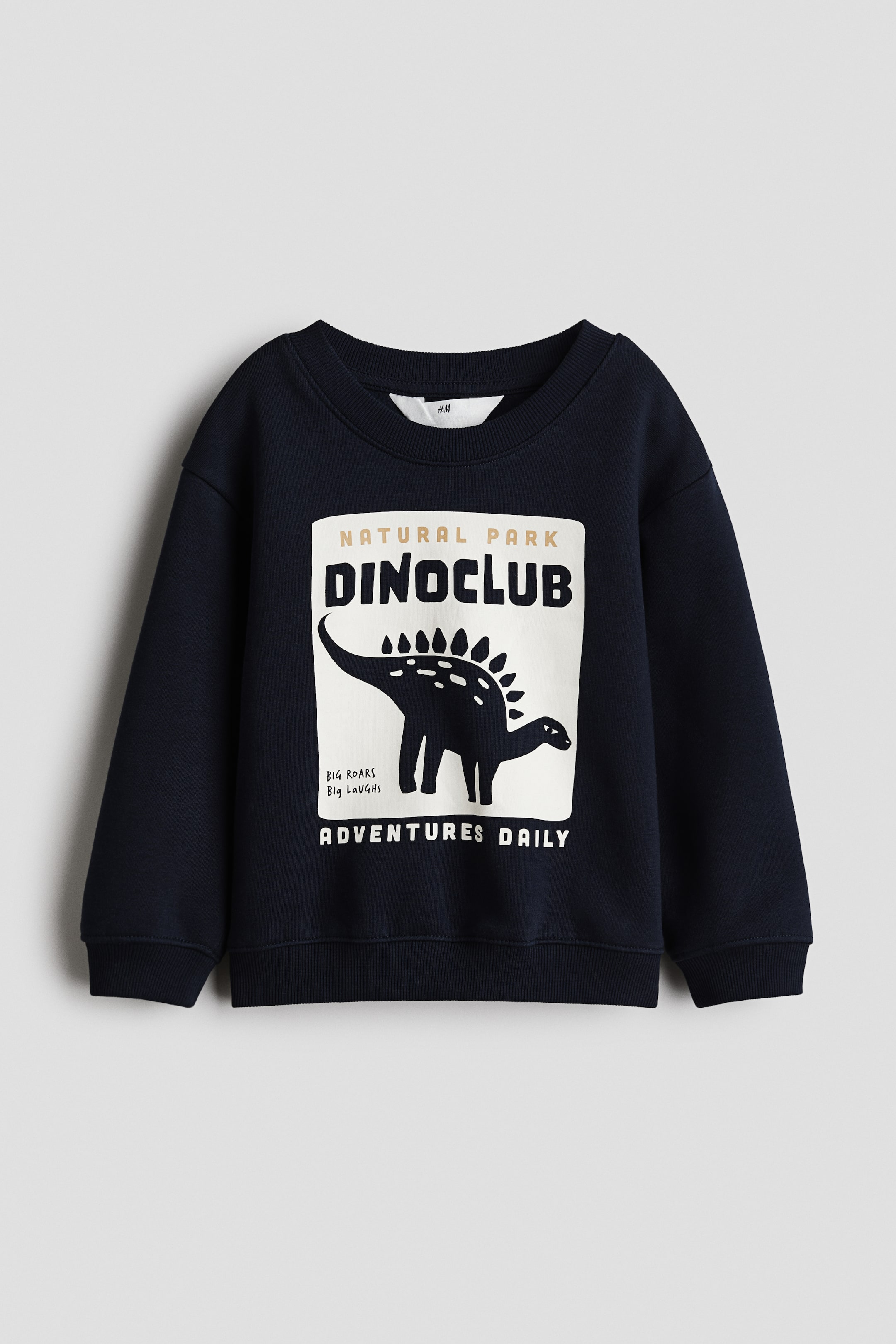 Größeres Bild ansehen: Das marineblaue Sweatshirt wird VON VORNE präsentiert und zeigt ein weißes rechteckiges Grafikmotiv auf der Brust, das einen dunkelblauen Dinosaurier und den Text "NATURAL PARK DINOCLUB" darstellt. Es ist mit einem runden, gerippten Halsausschnitt, überschnittenen Schultern, langen Ärmeln und Rippbündchen an den Ärmelenden und am Saum gestaltet.