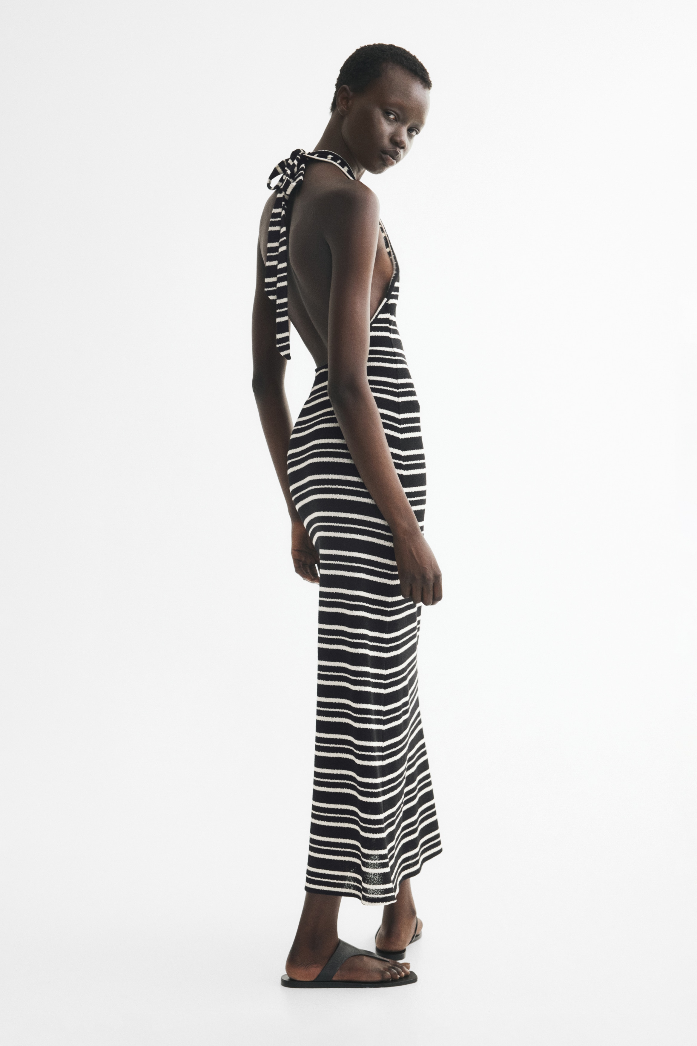 Knit Halterneck Dress - Black/striped/Dark orange