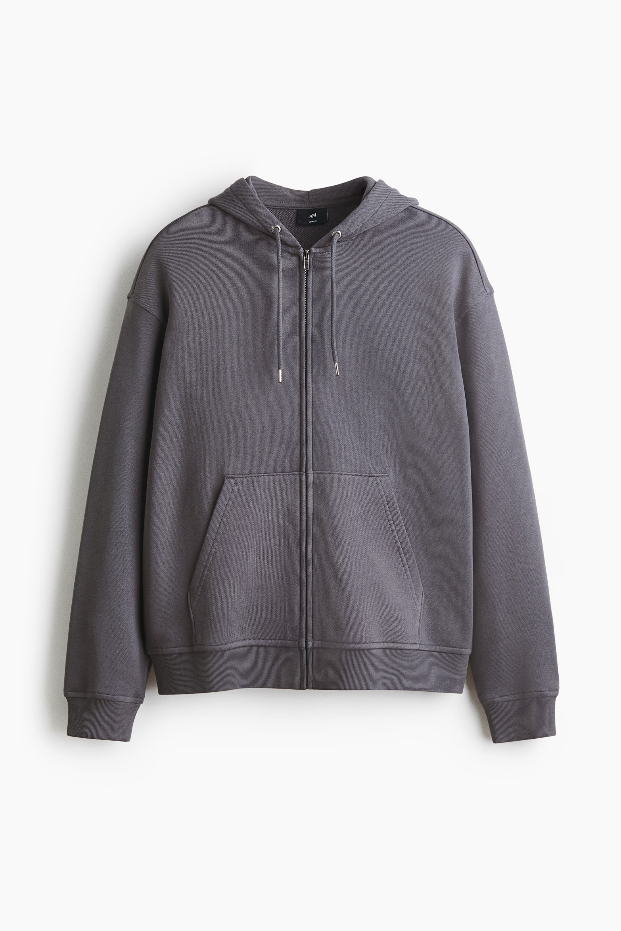 View larger image: A dark grey zip-through hoodie is being presented from the front, featuring a hood with drawstrings, a full-length front zipper, and a large kangaroo pocket. It is showcasing dropped shoulders, long sleeves with ribbed cuffs, and a ribbed hem.