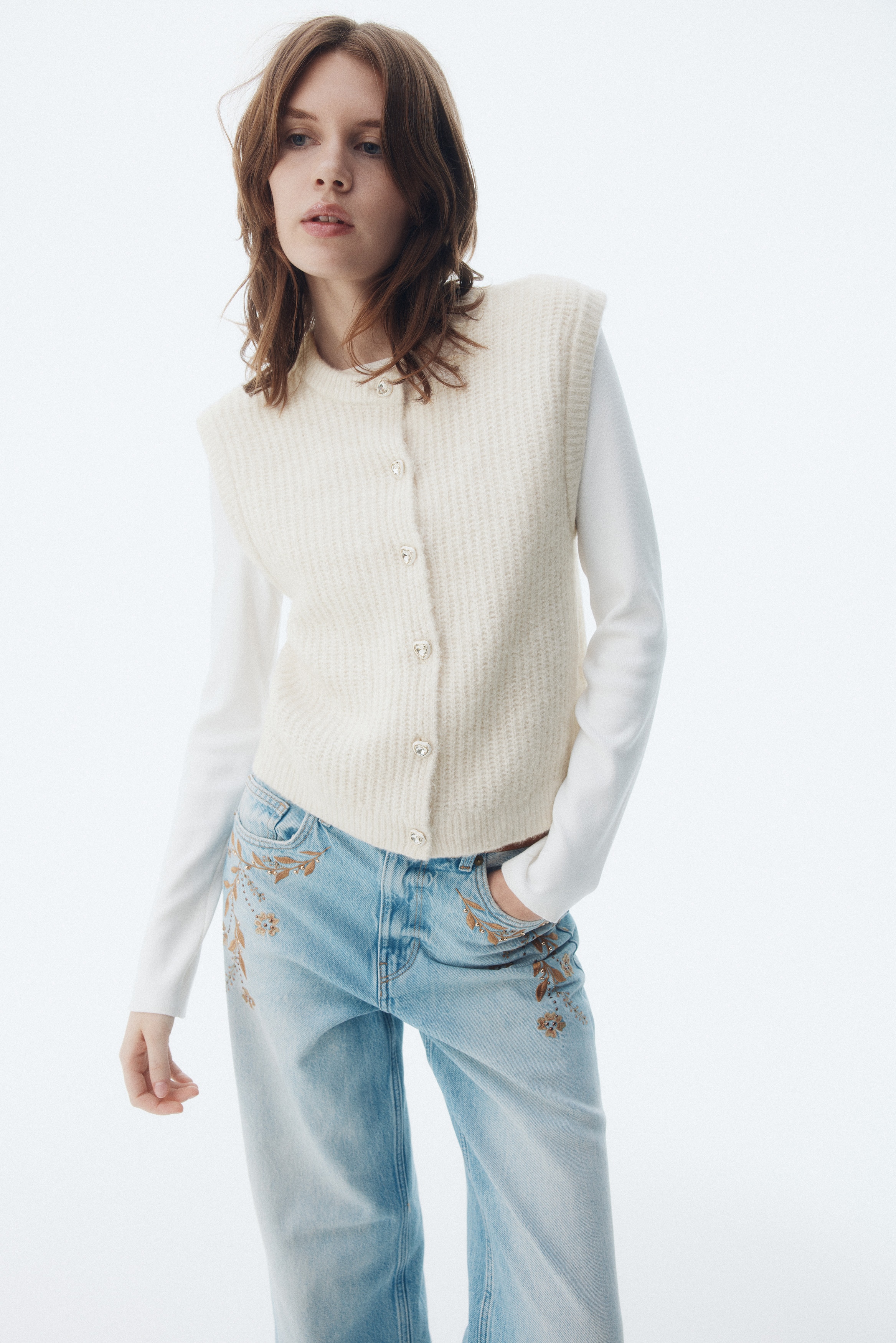 襟付きプルオーバーベスト H＆M グレー ニット ノースリーブ 襟付きプルオーバーベスト - クリーム - レディース | H&M JP