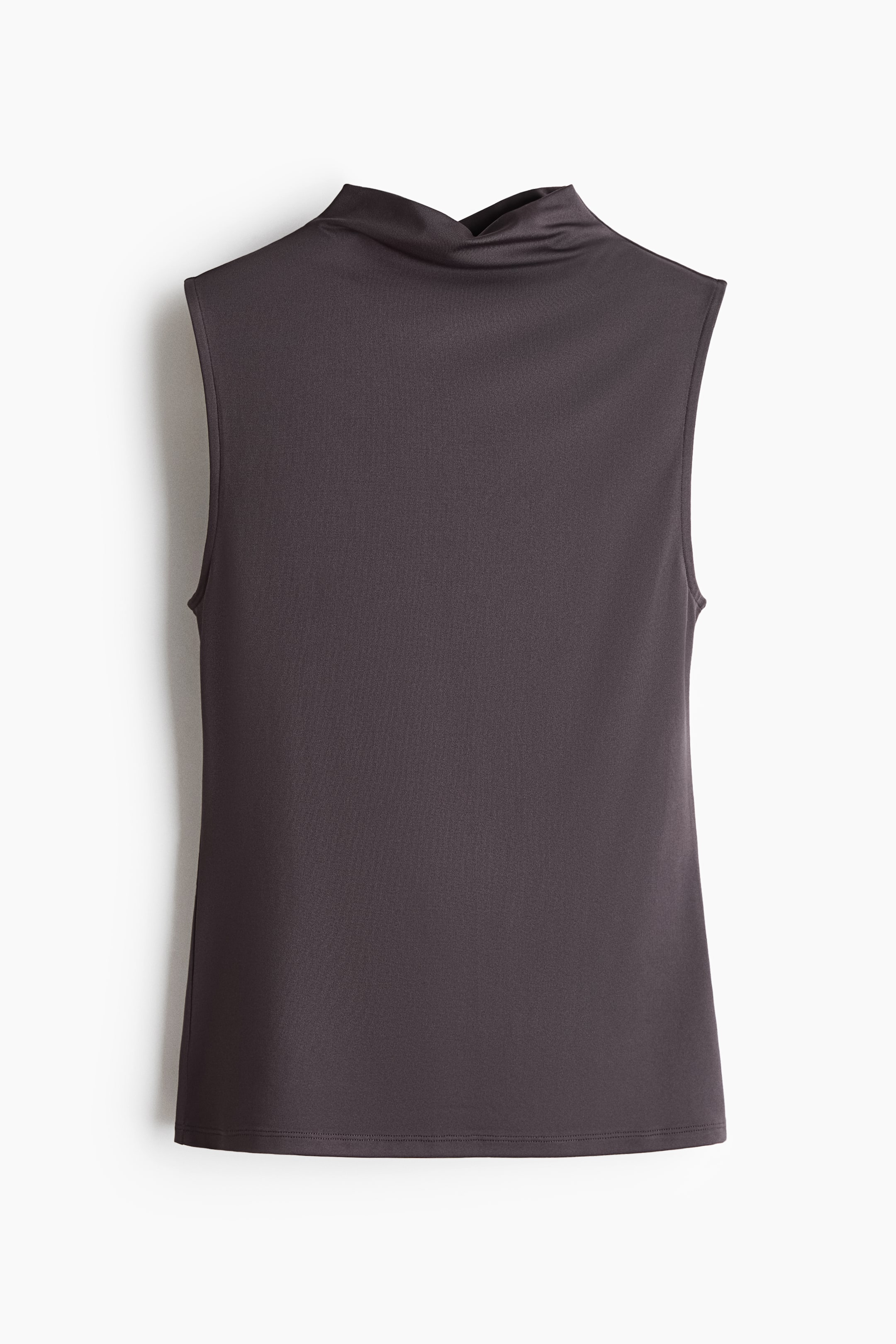 View larger image: A dark grey sleeveless top is showcasing its back view, featuring a high standing neck and a smooth, streamlined silhouette.