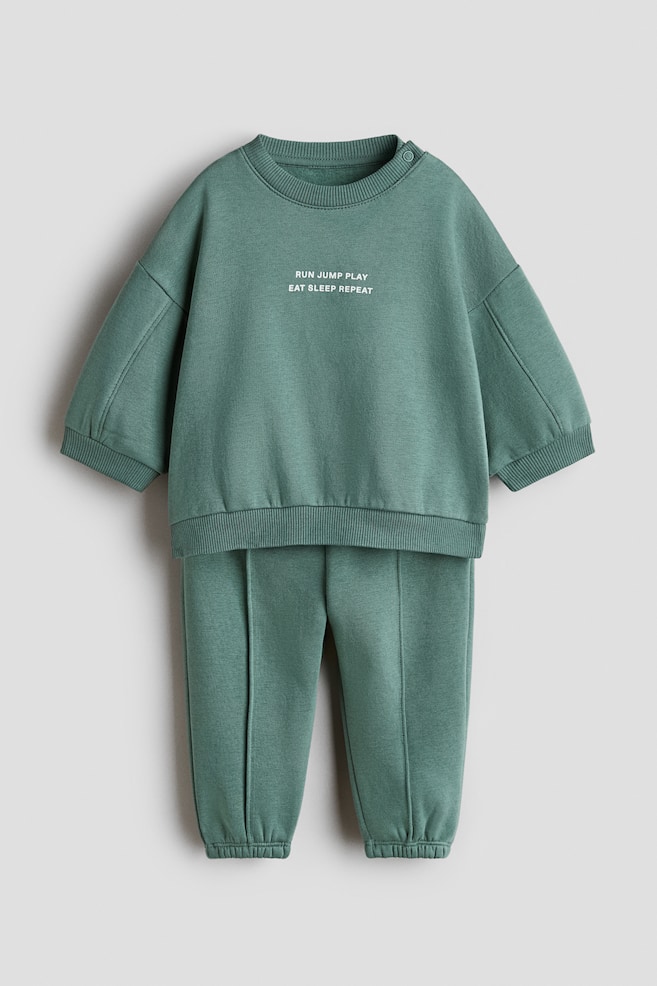 2-Piece Printed Sweatshirt and Joggers Set - Green/Run Jump Play/Light beige/Run Jump Play - 1